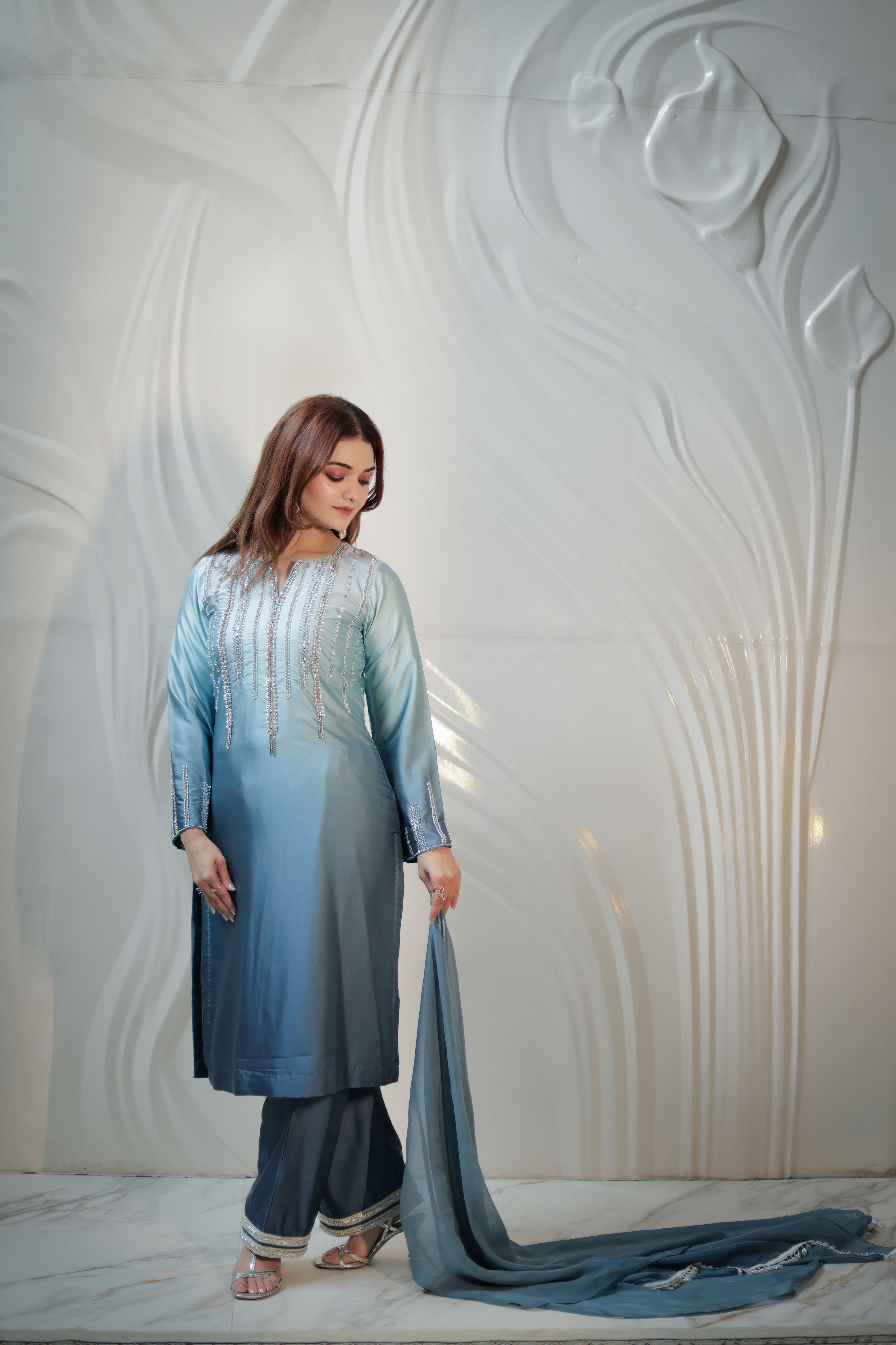 Blue ombrey pearl work Armani satin suit with pants