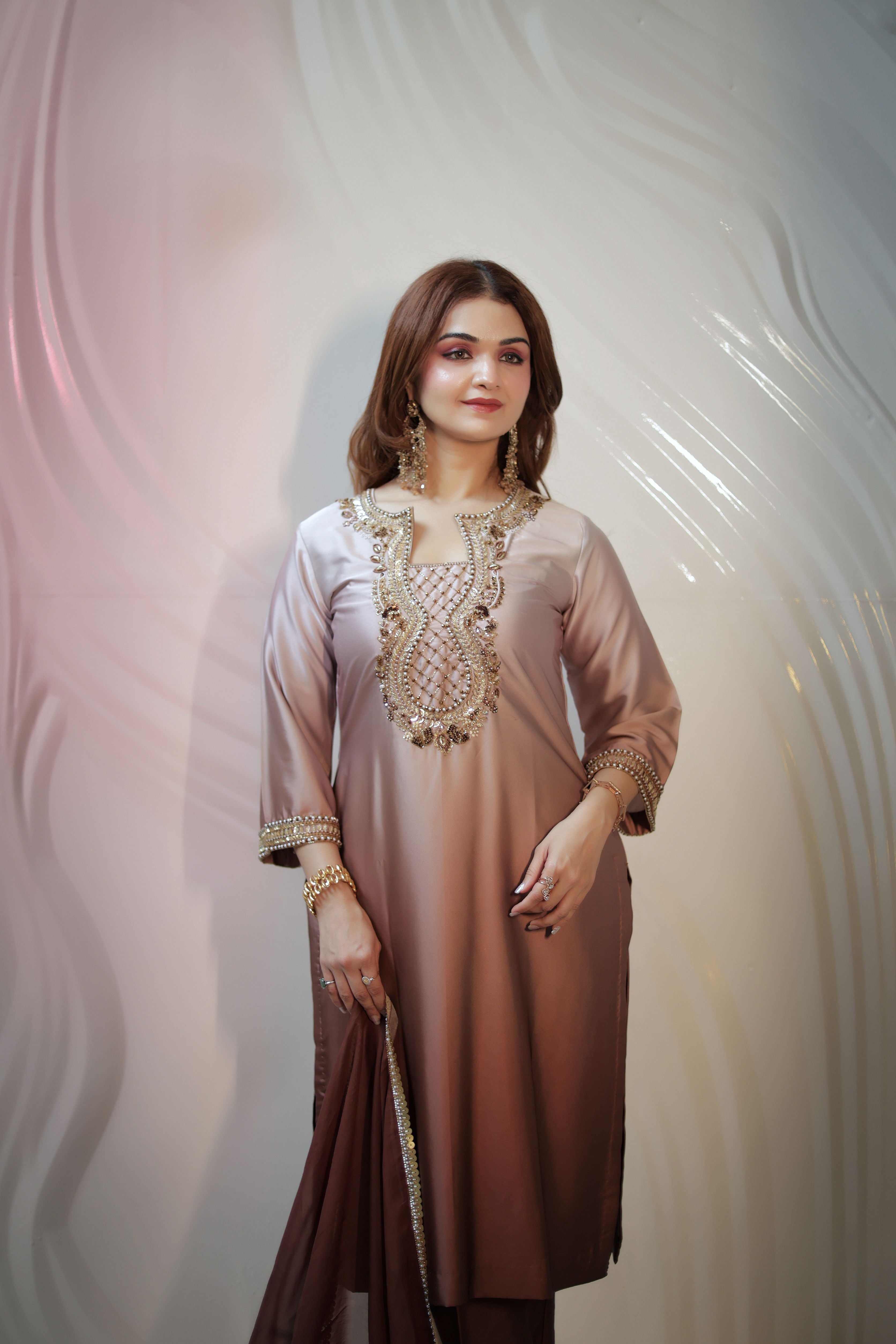 Chocolate Brown ombrey pearl work Armani satin suit with pants