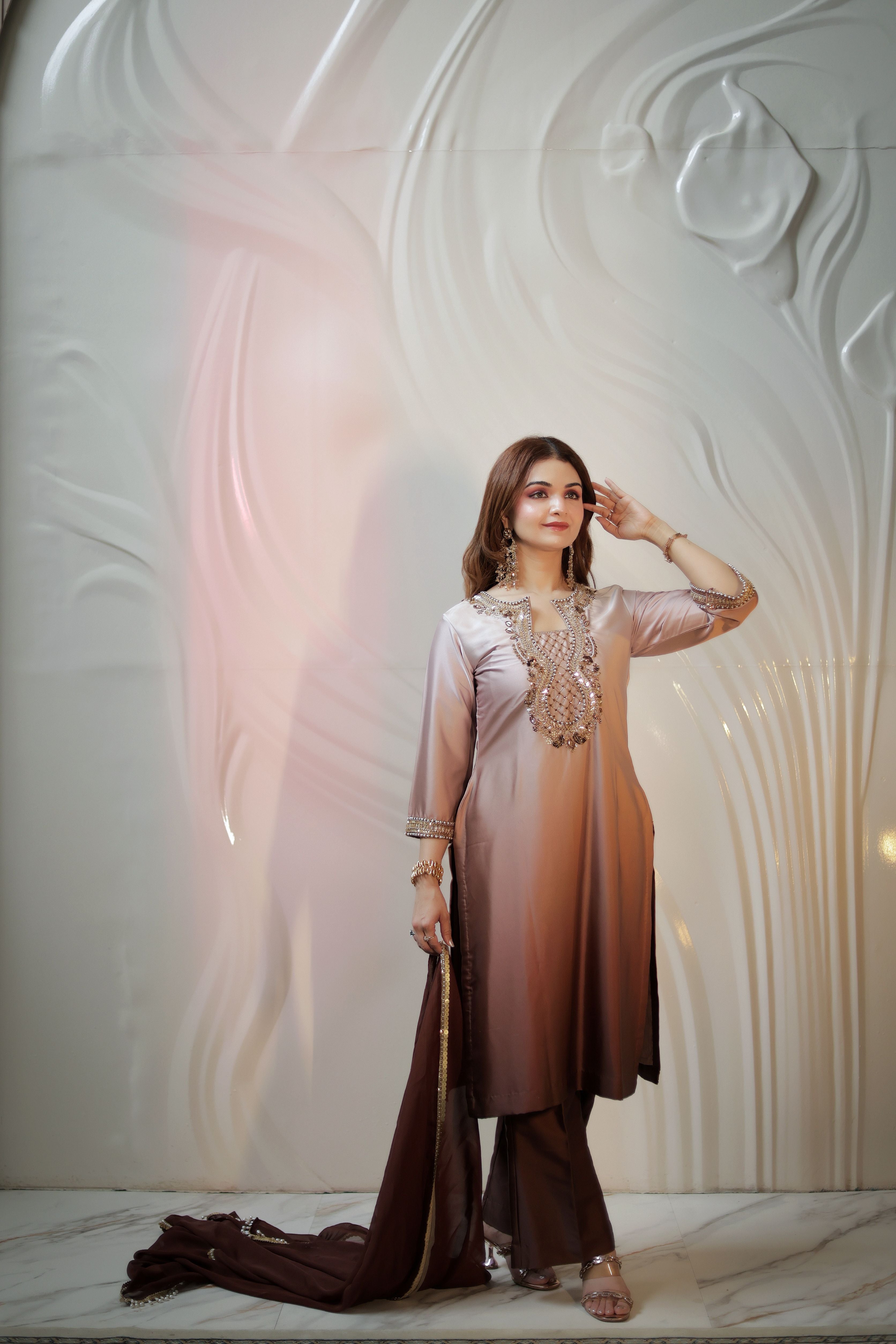 Chocolate Brown ombrey pearl work Armani satin suit with pants