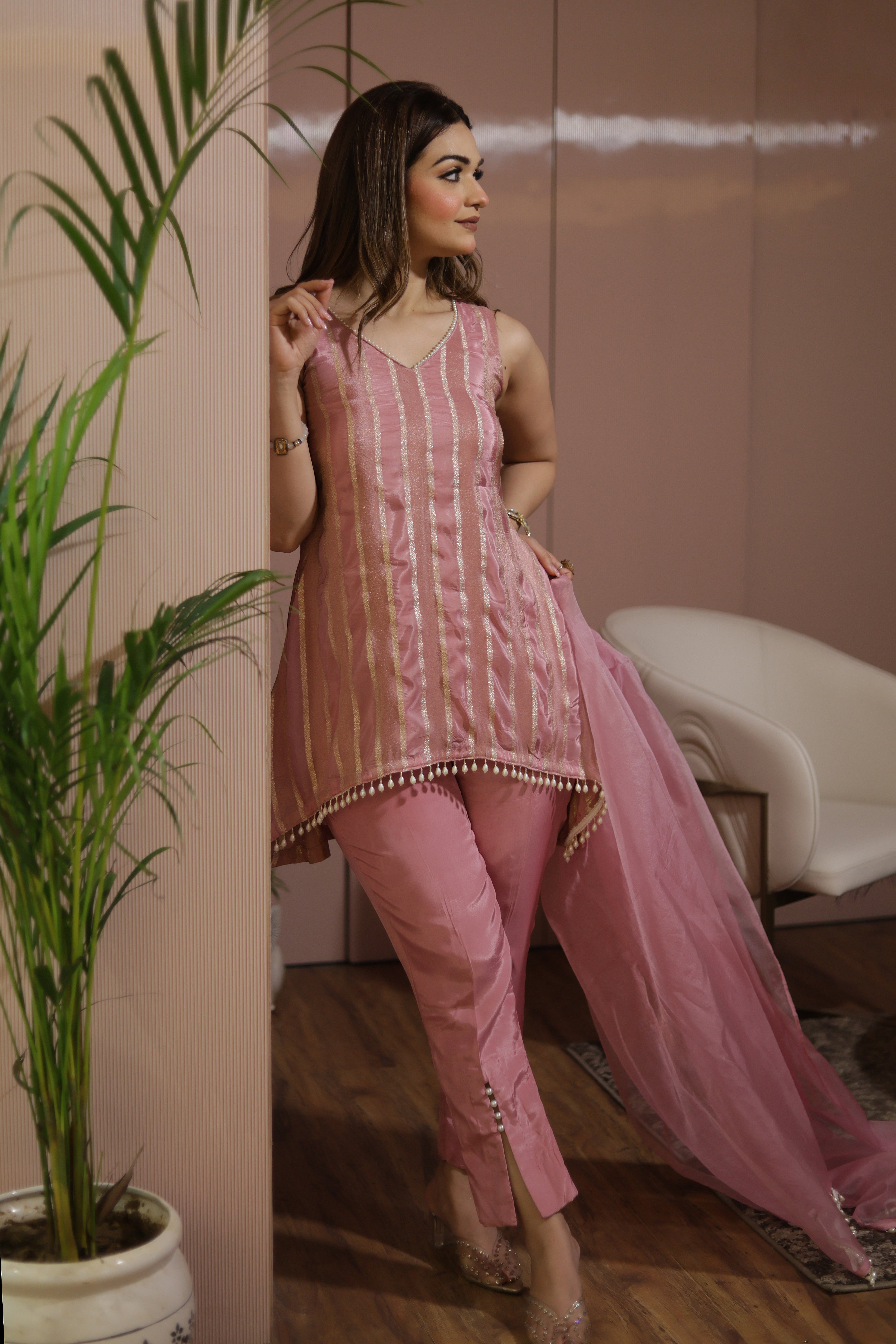 Light pink straight lines suit with pants and organza dupatta