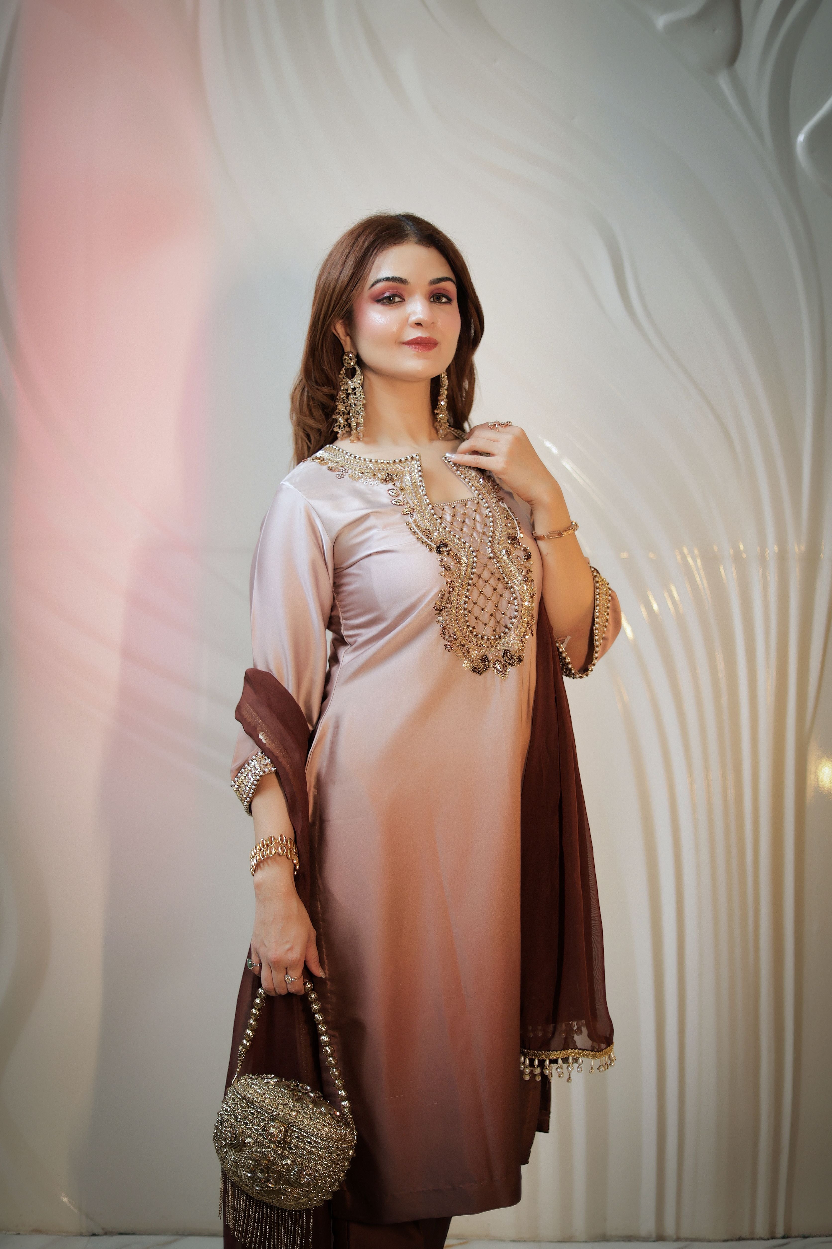 Chocolate Brown ombrey pearl work Armani satin suit with pants