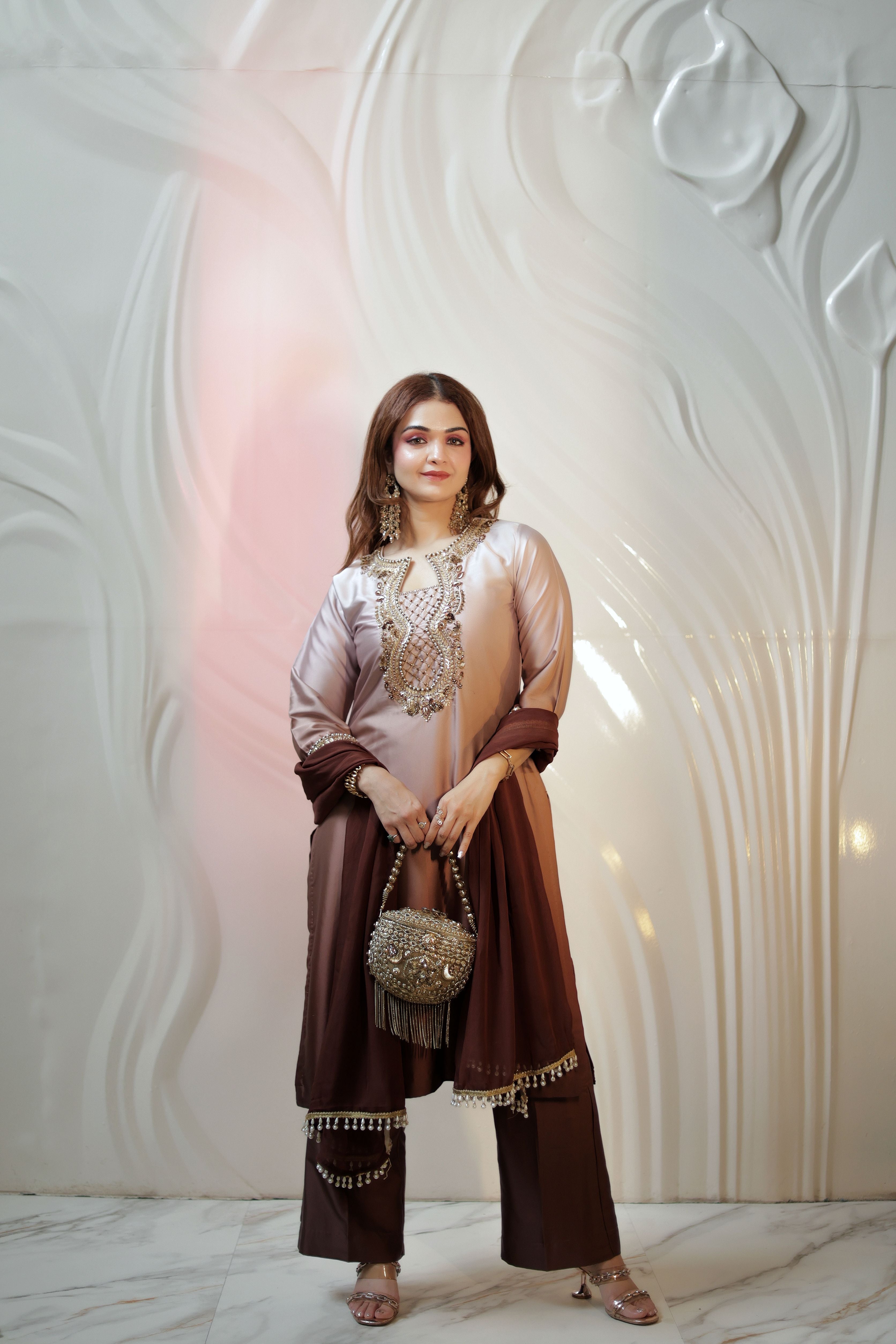 Chocolate Brown ombrey pearl work Armani satin suit with pants