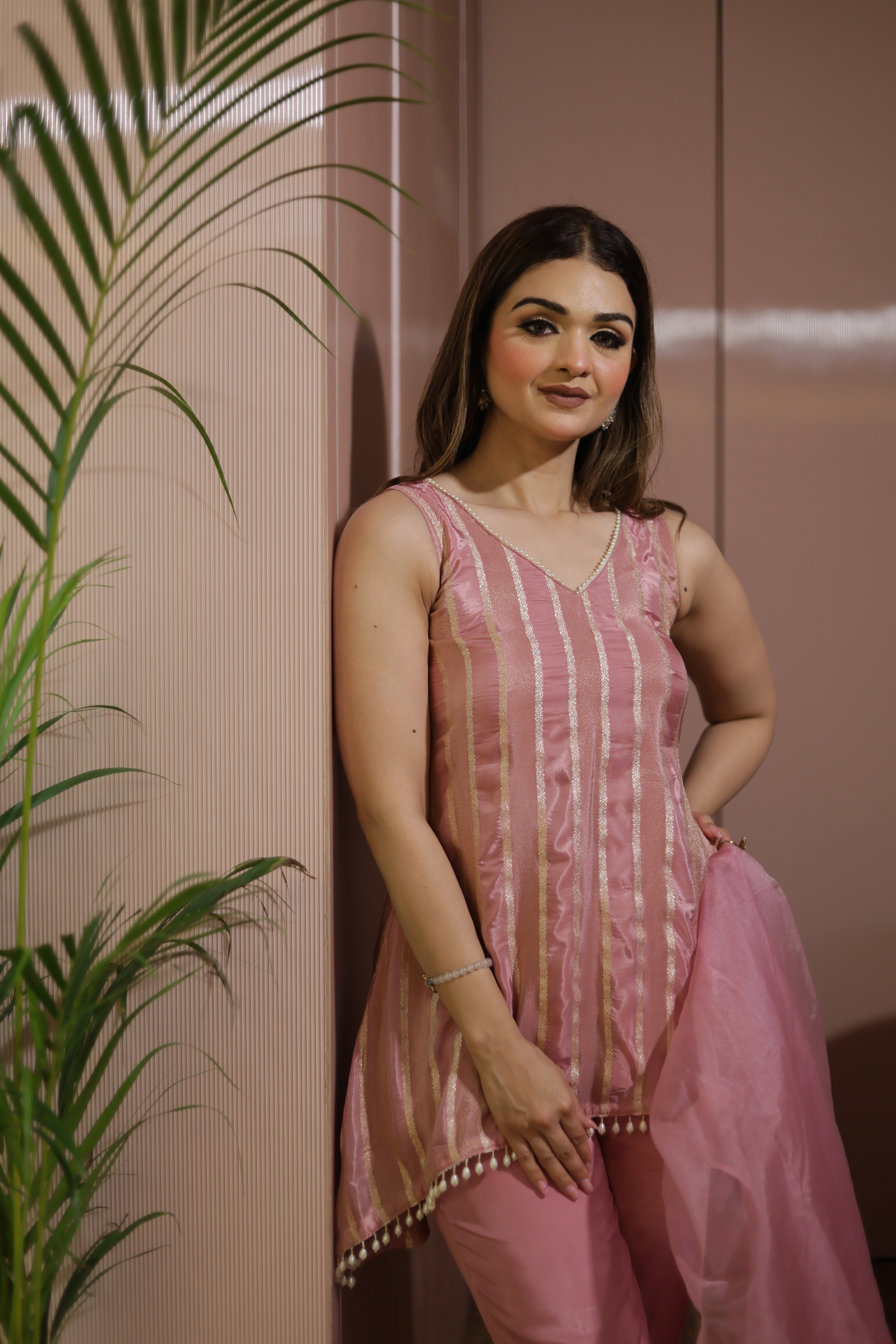 Light pink straight lines suit with pants and organza dupatta