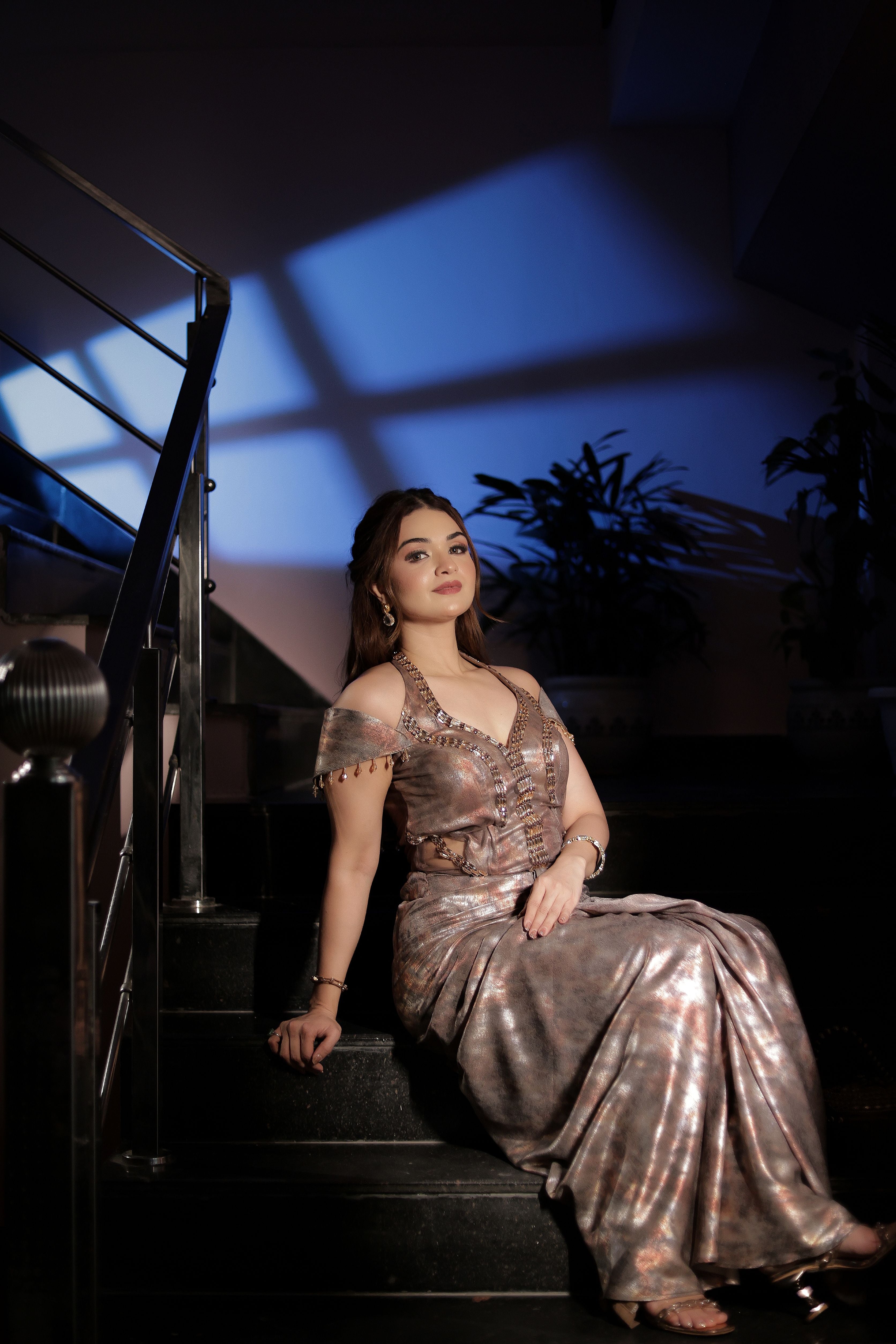 Metallic off shoulder rose gold drape