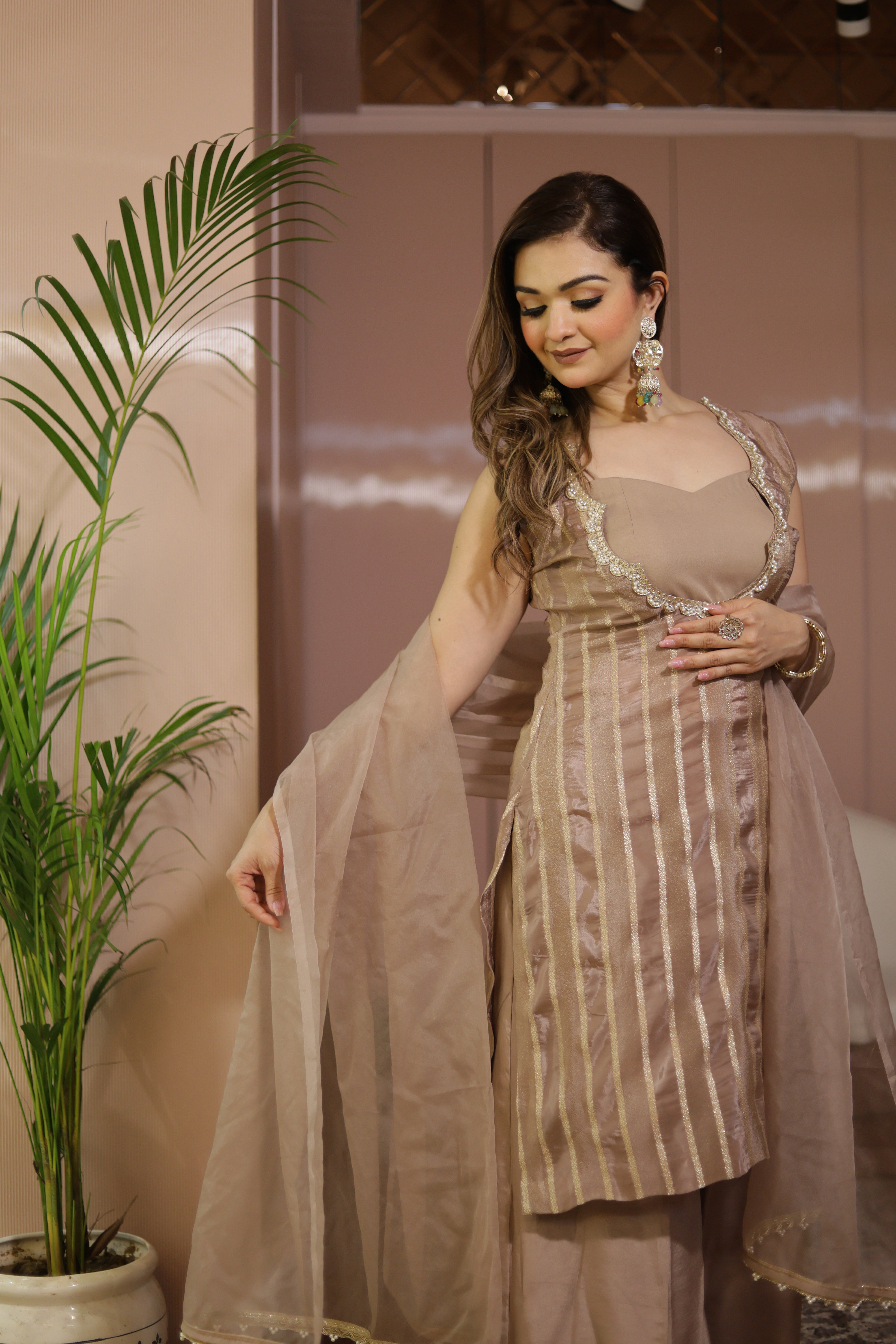 Nude Brown straight lines suit with bellbottoms and organza dupatta