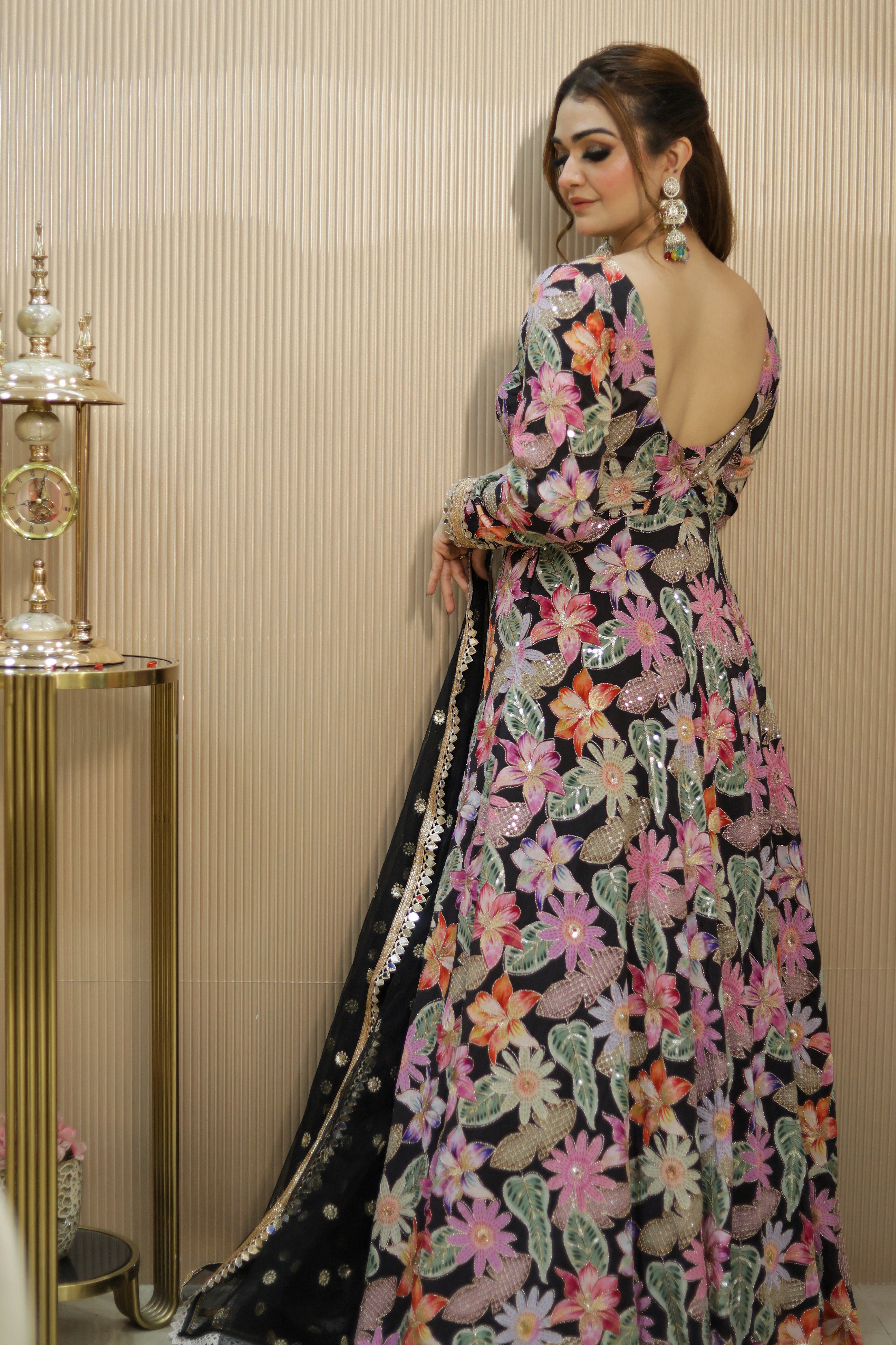 Black Floral Printed anarkali set