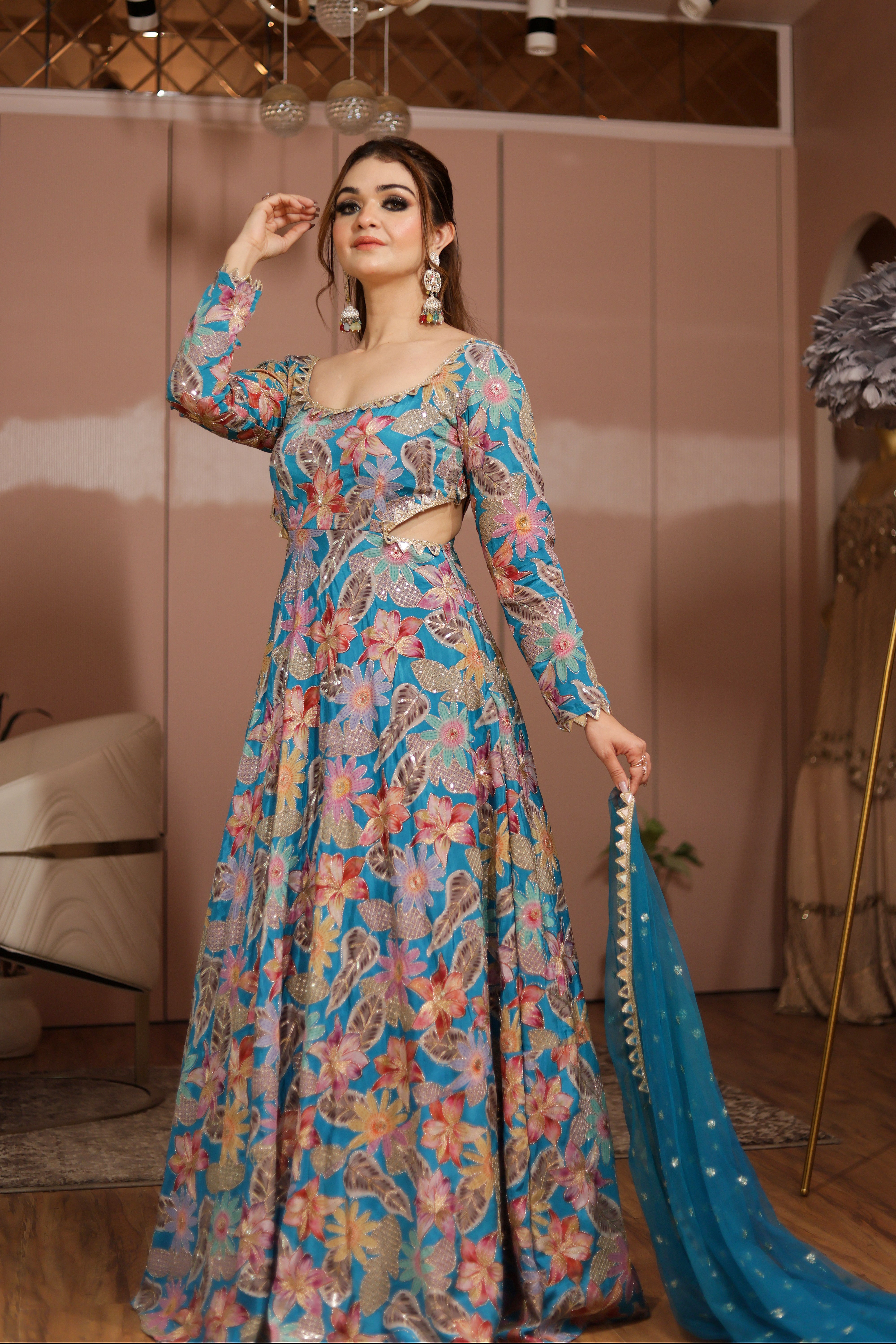 Firozi blue Floral Printed anarkali set