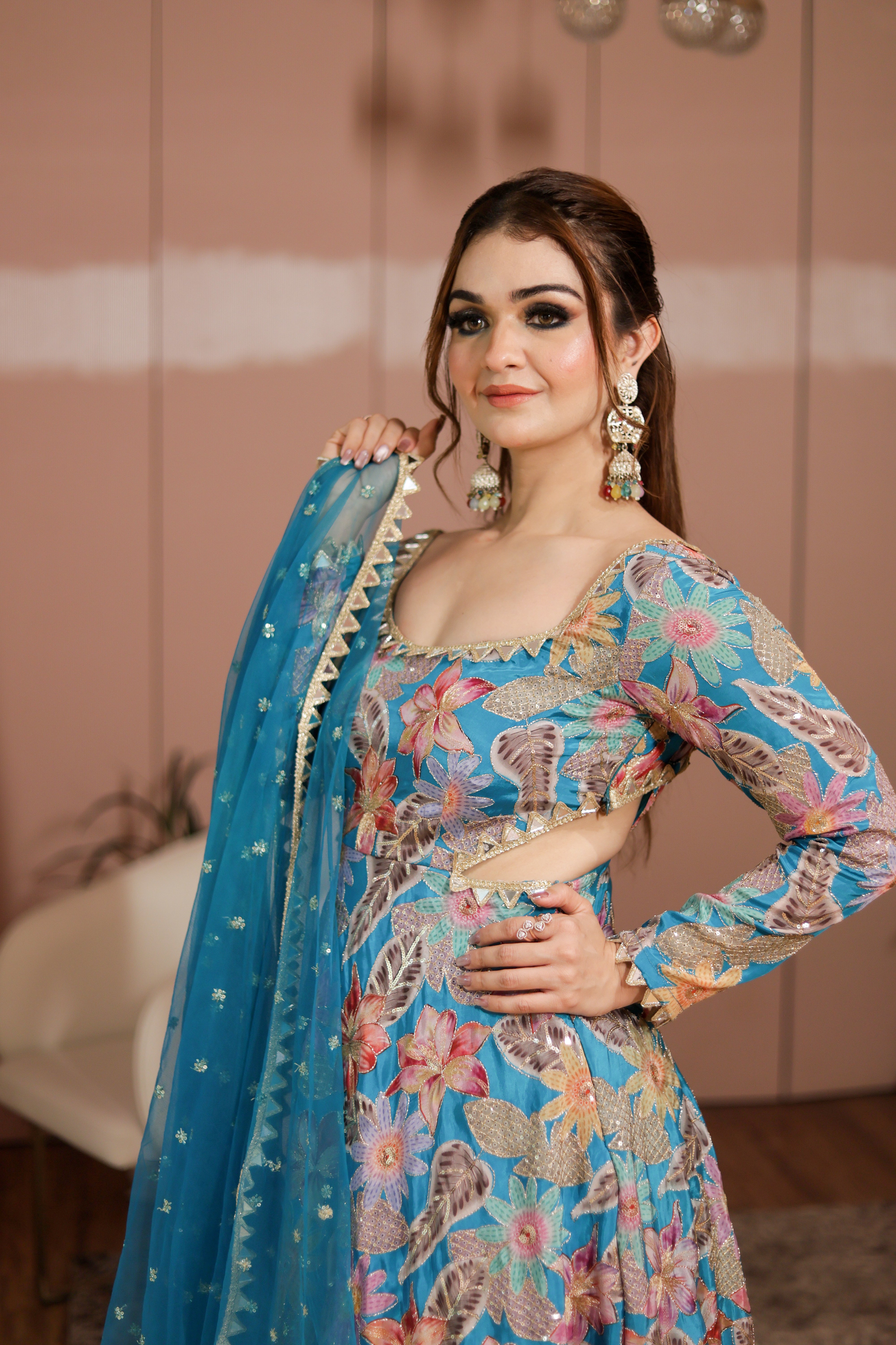 Firozi blue Floral Printed anarkali set