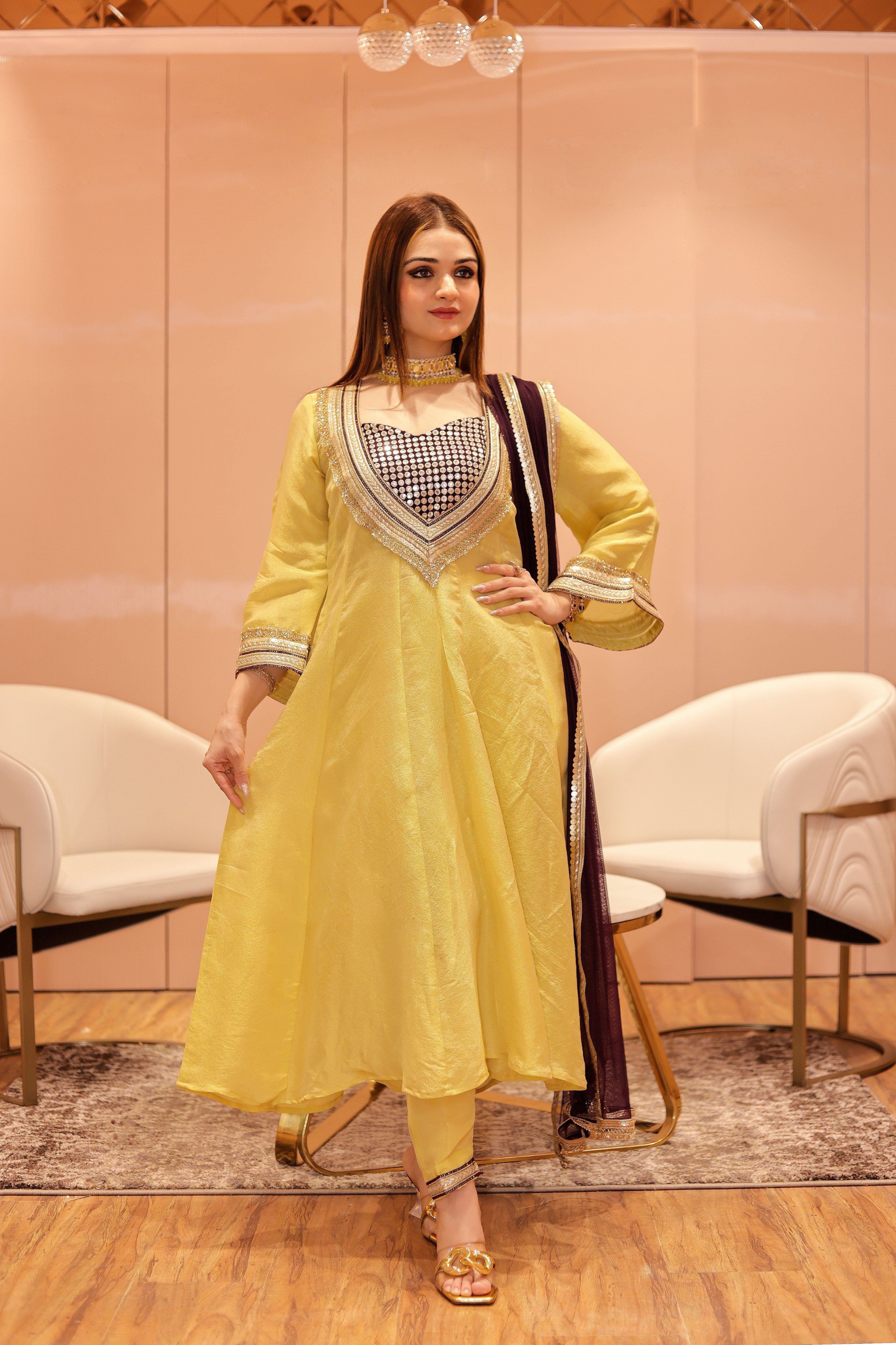 Yellow kaftan suit set with wine mirror work blouse