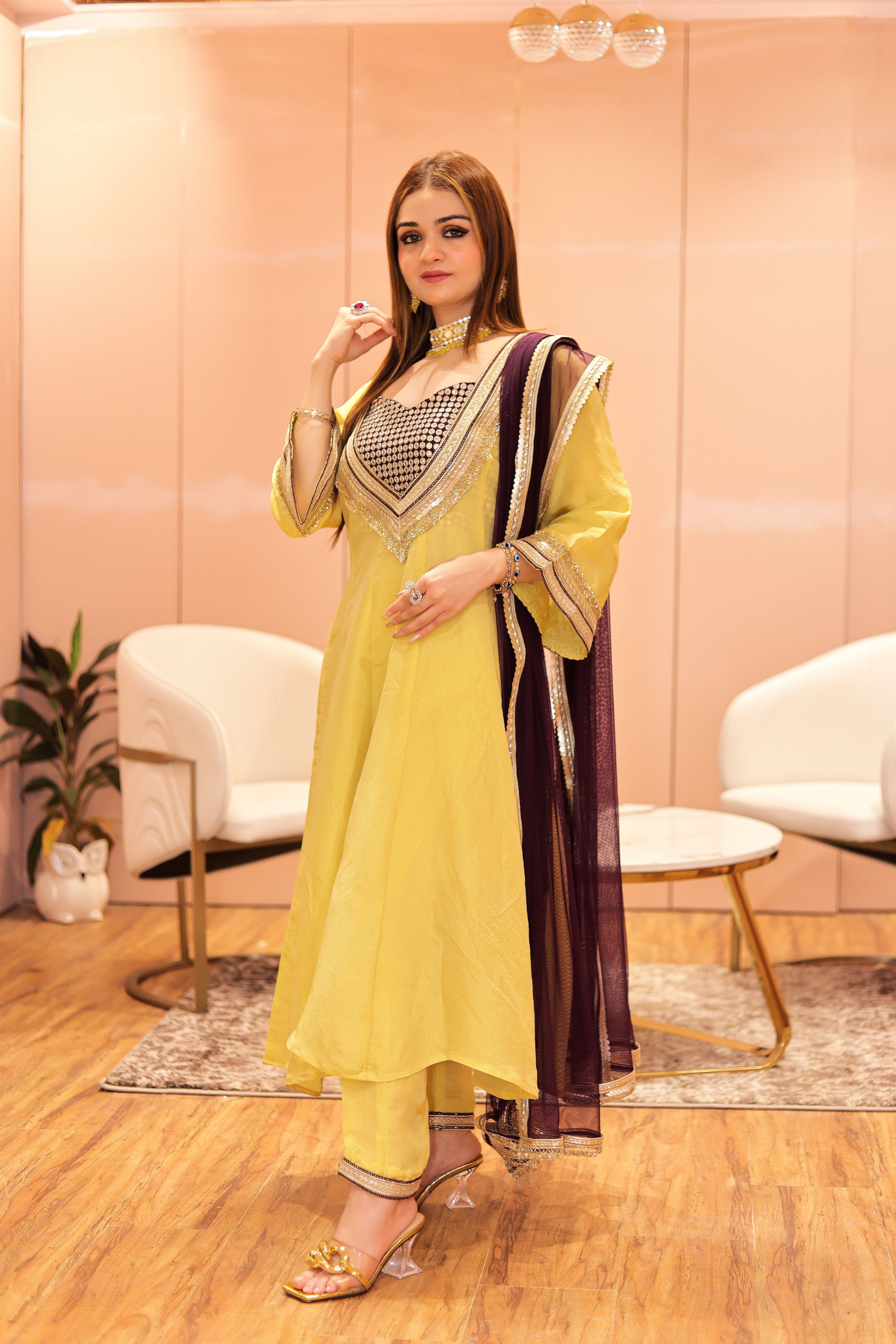 Yellow kaftan suit set with wine mirror work blouse