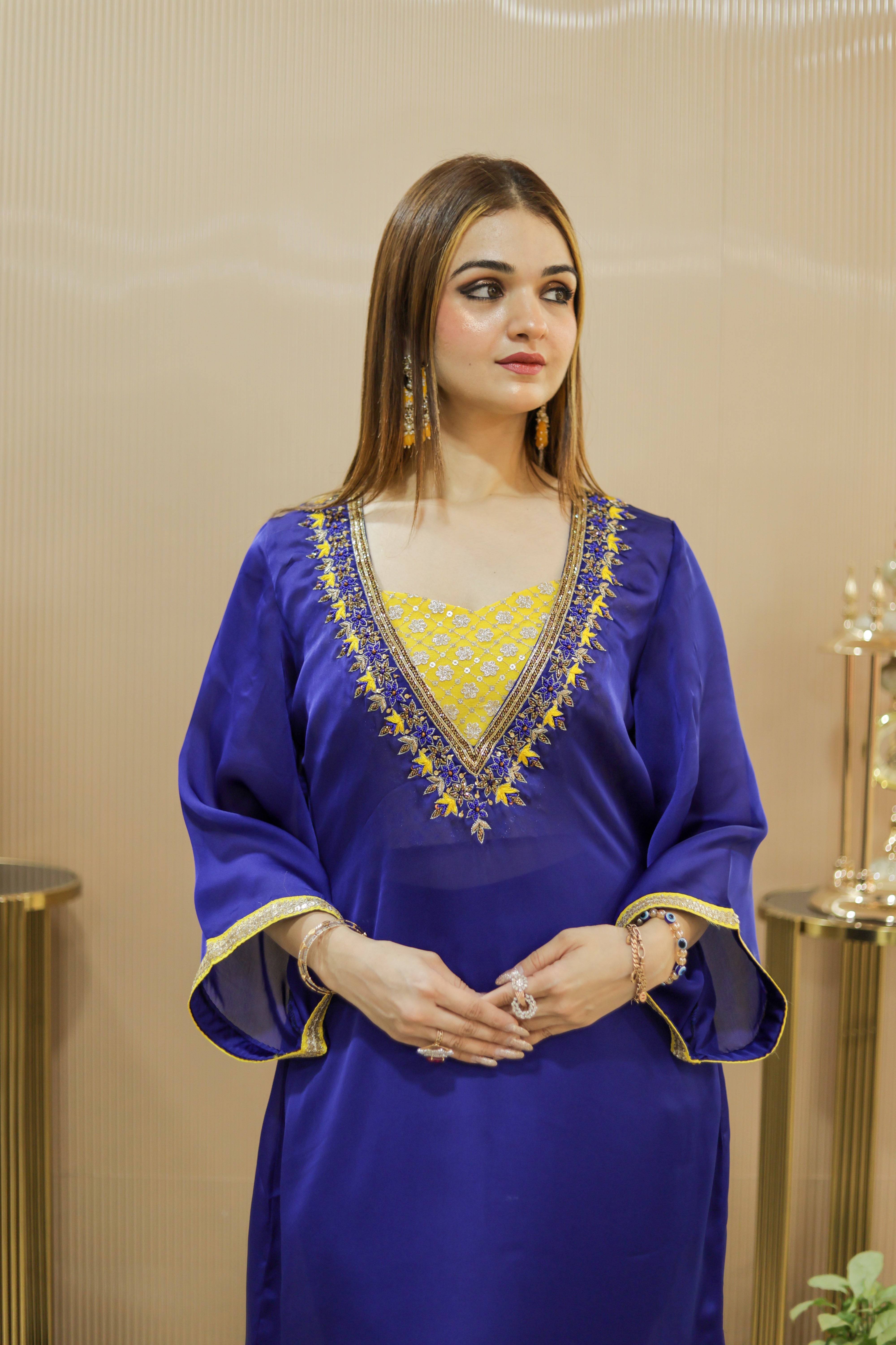 Royal blue kaftan suit set with yellow mirror work blouse