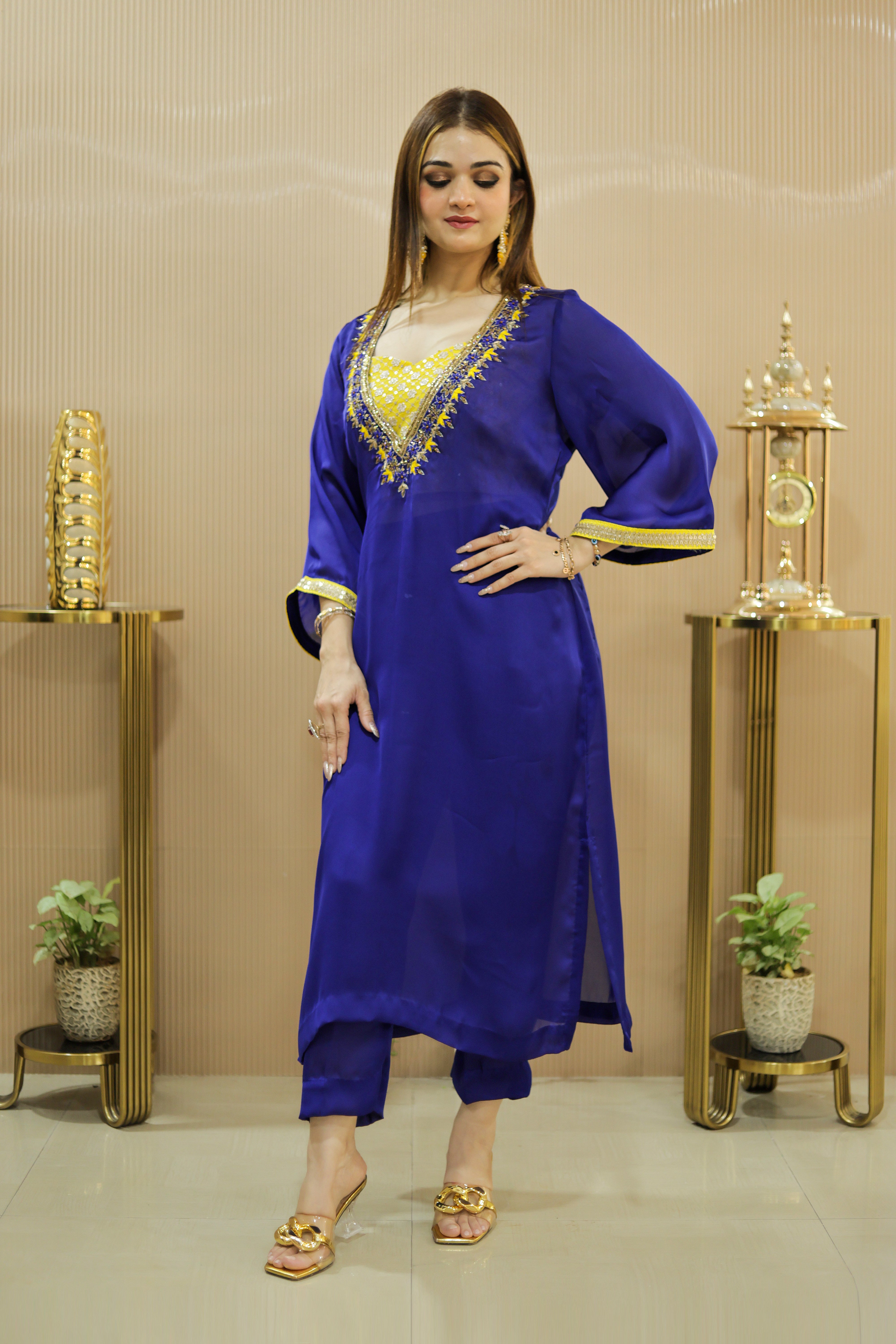 Royal blue kaftan suit set with yellow mirror work blouse