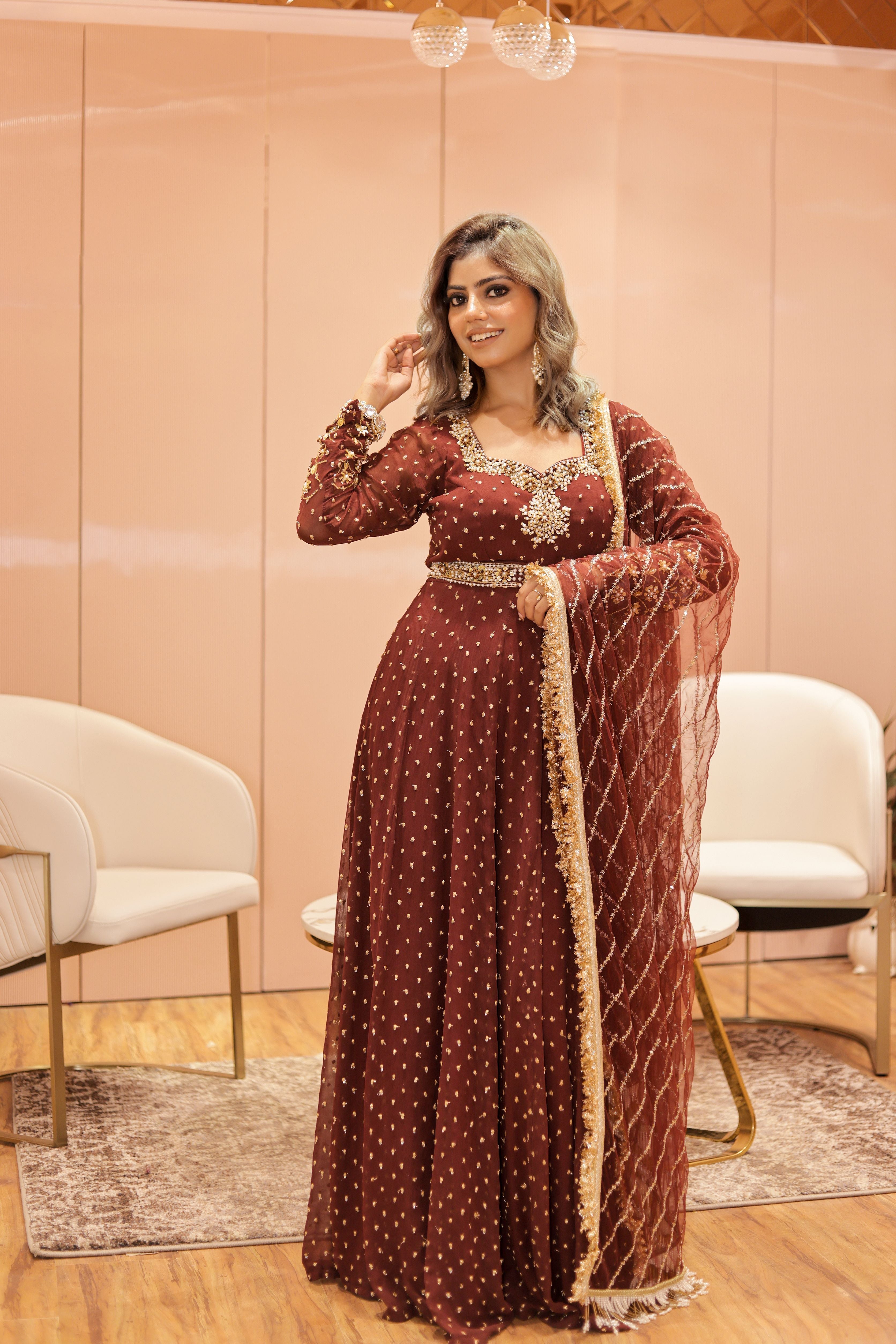 Brownish mehroon heavy embroidered anarkali suit