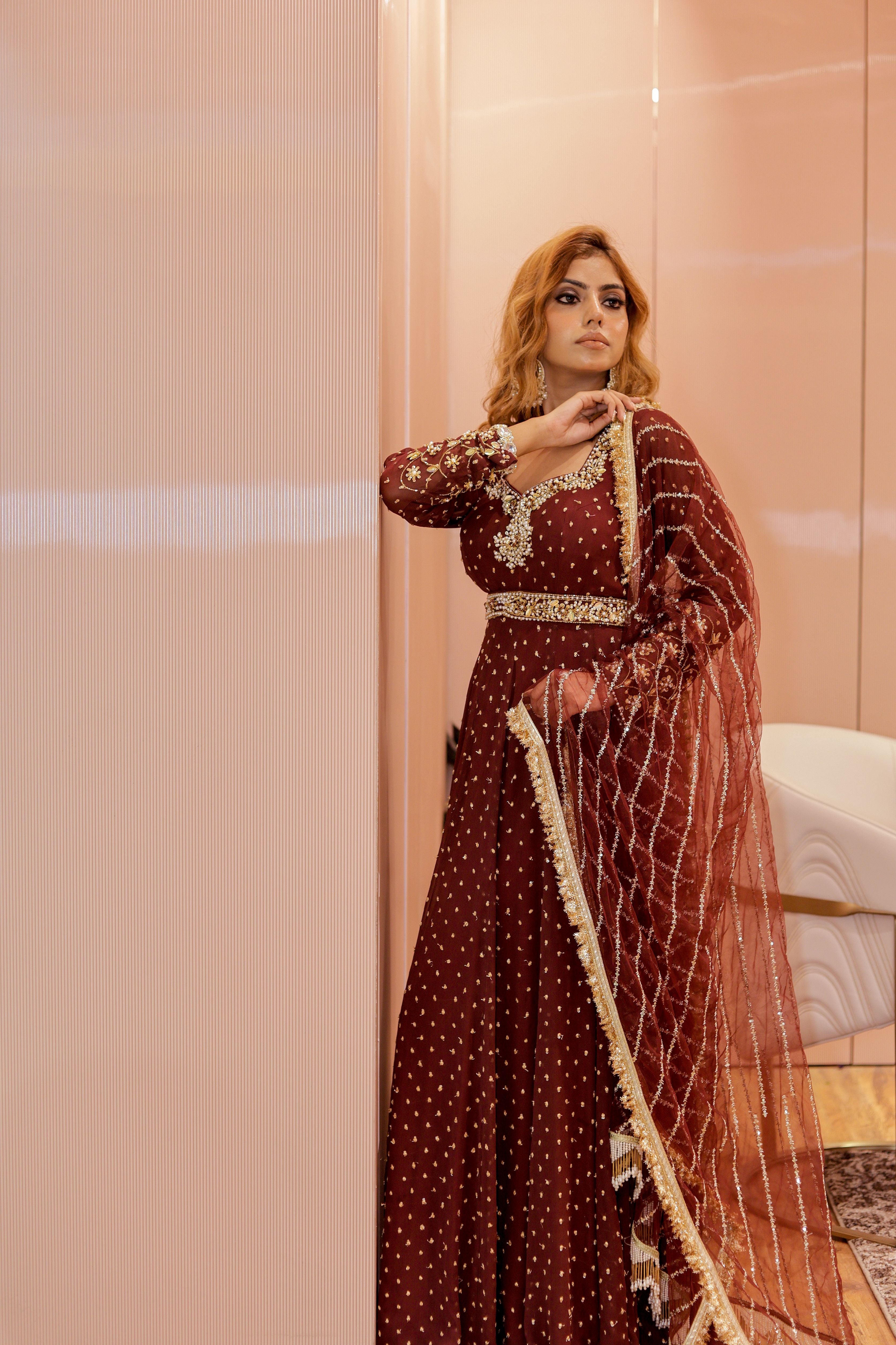 Brownish mehroon heavy embroidered anarkali suit