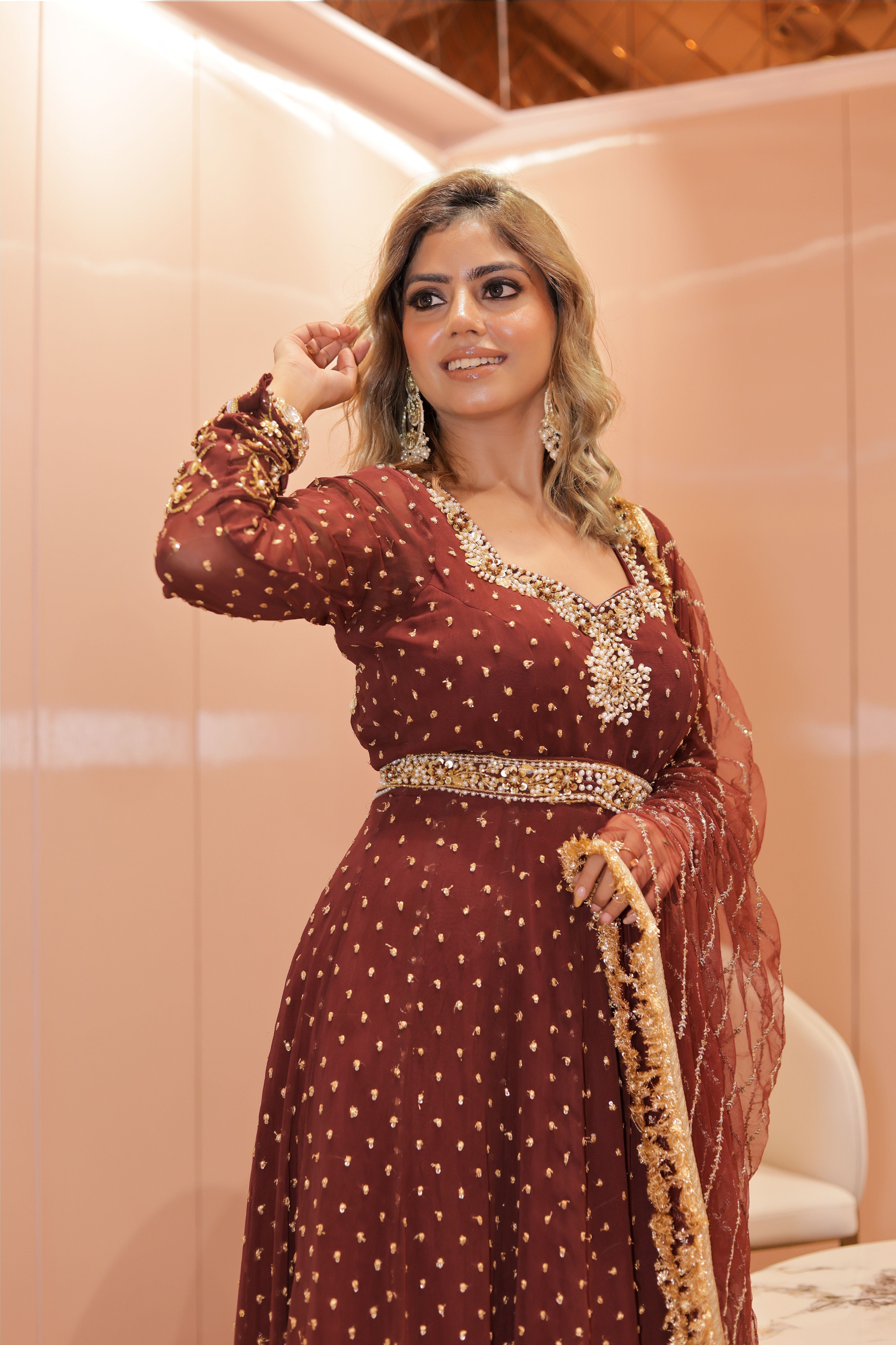 Brownish mehroon heavy embroidered anarkali suit