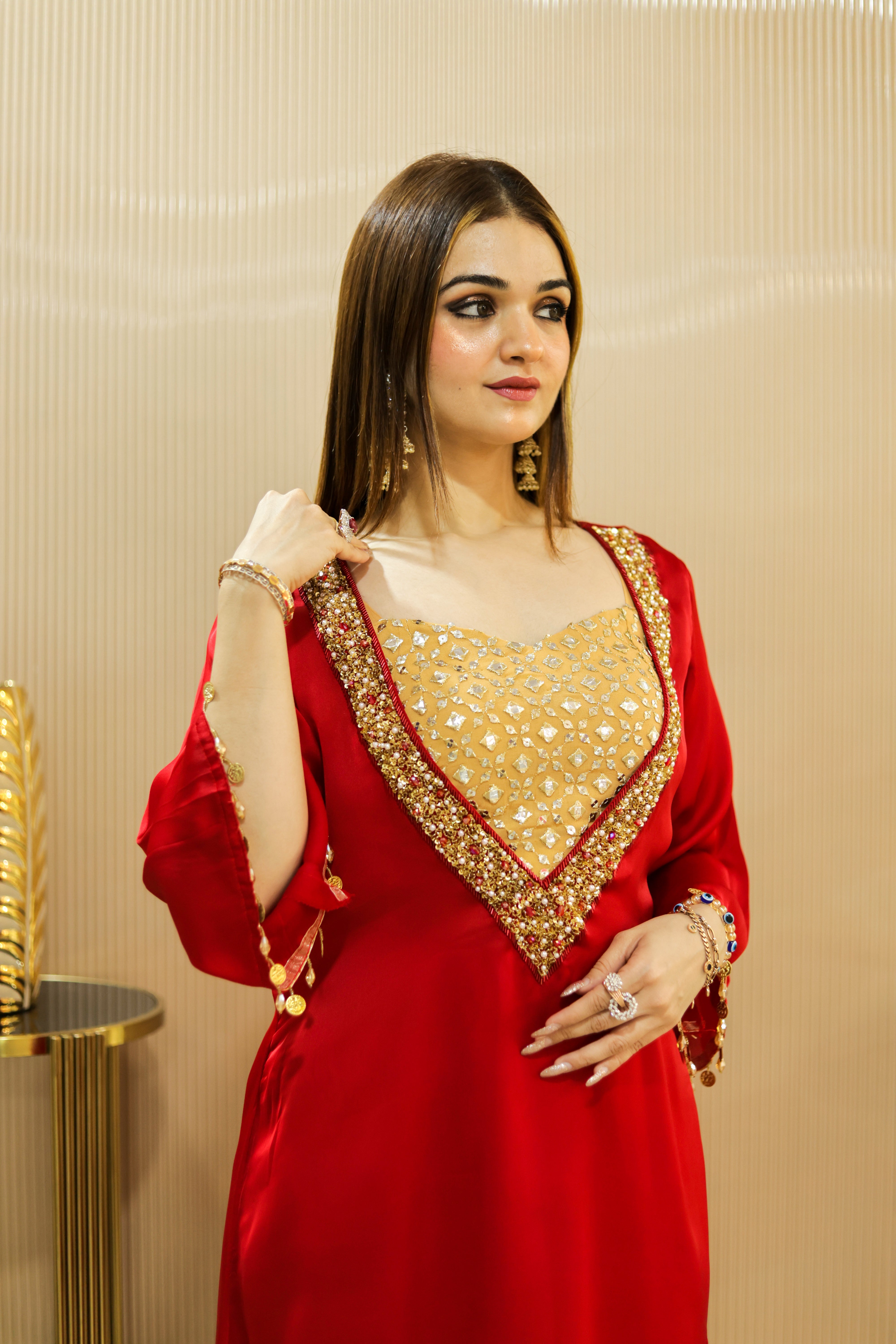 Red kaftan suit set with yellow mirror work blouse