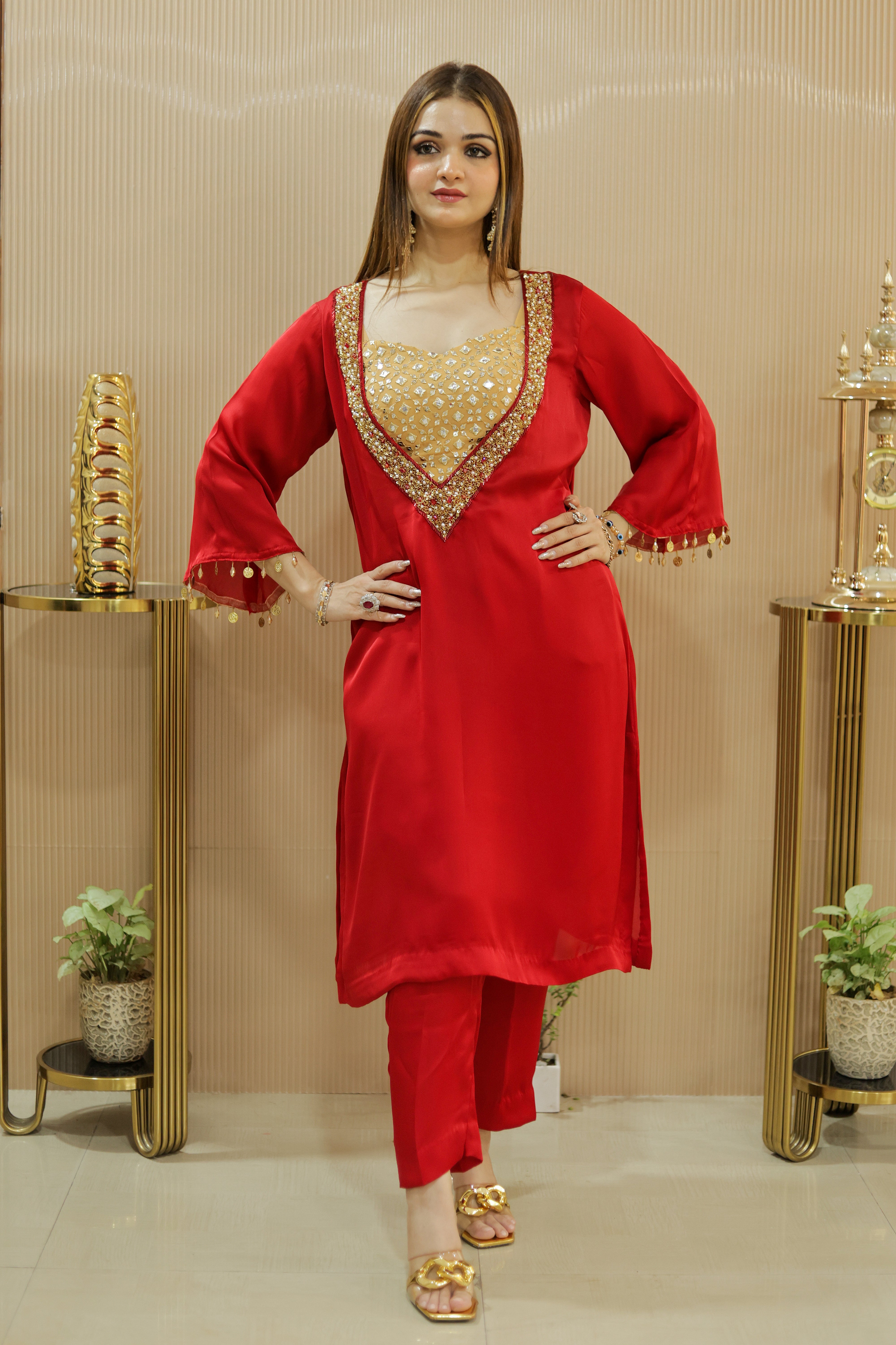 Red kaftan suit set with yellow mirror work blouse