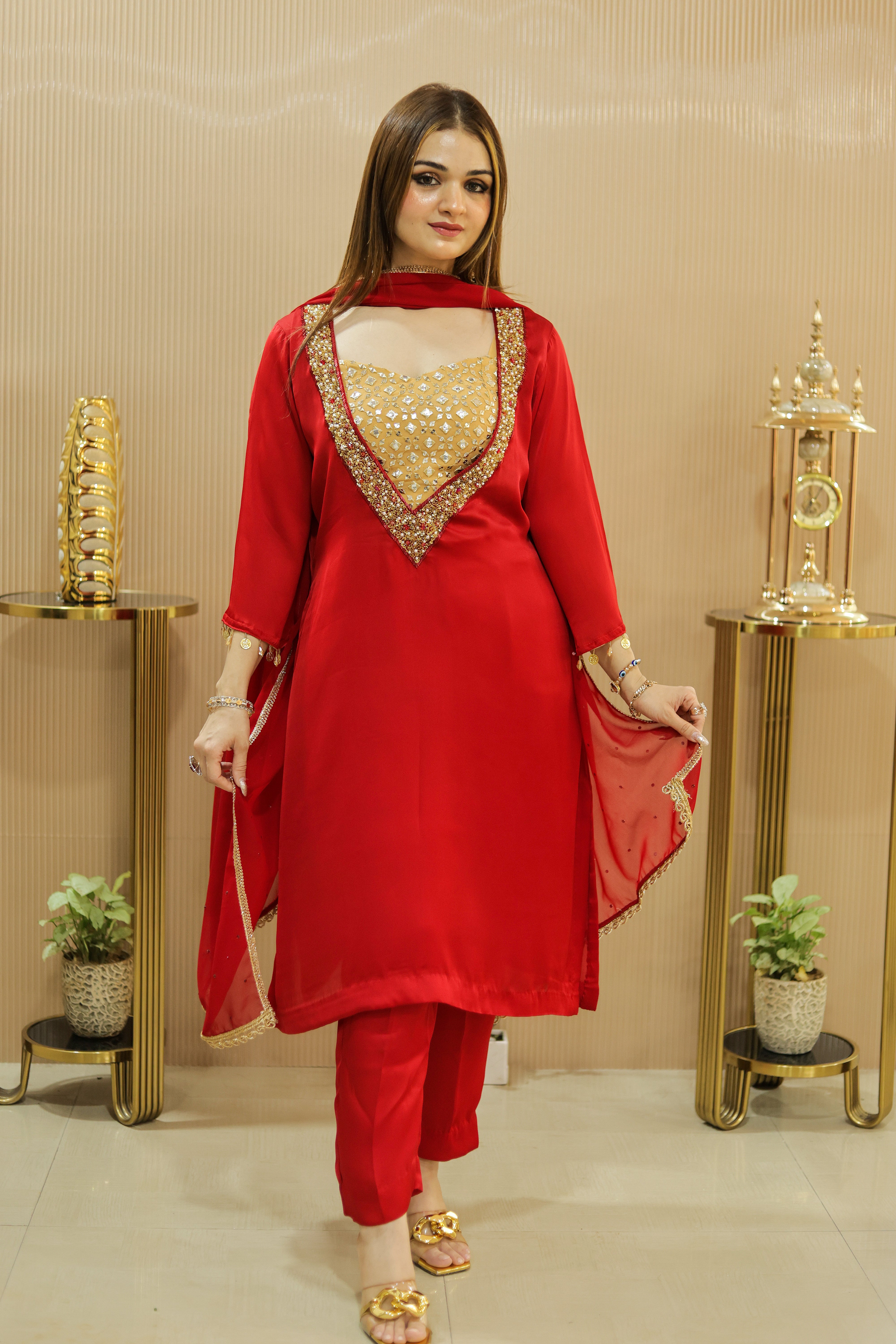 Red kaftan suit set with yellow mirror work blouse