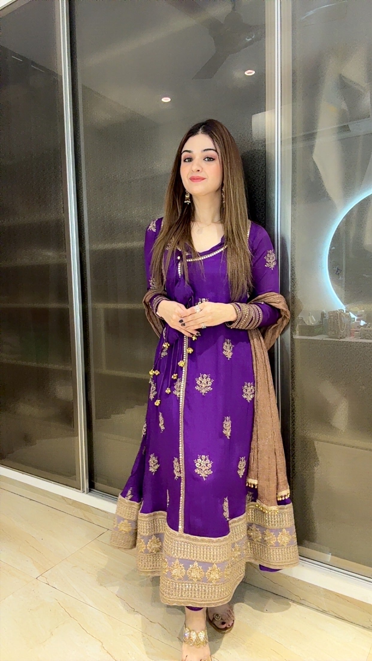 Purple crepe angrakha with lycra payjami and copper tissue dupatta