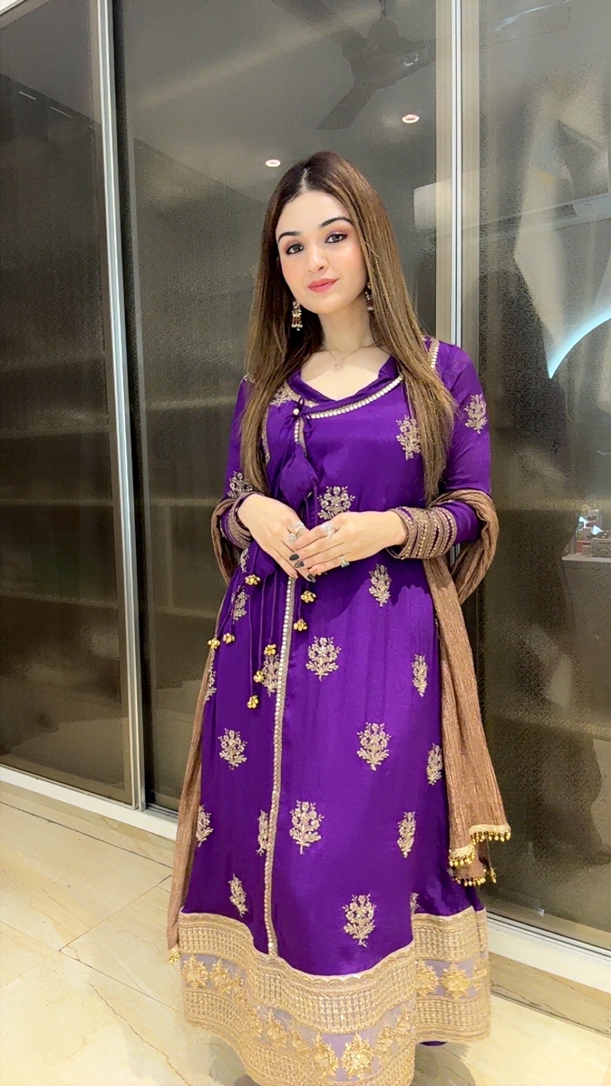 Purple crepe angrakha with lycra payjami and copper tissue dupatta