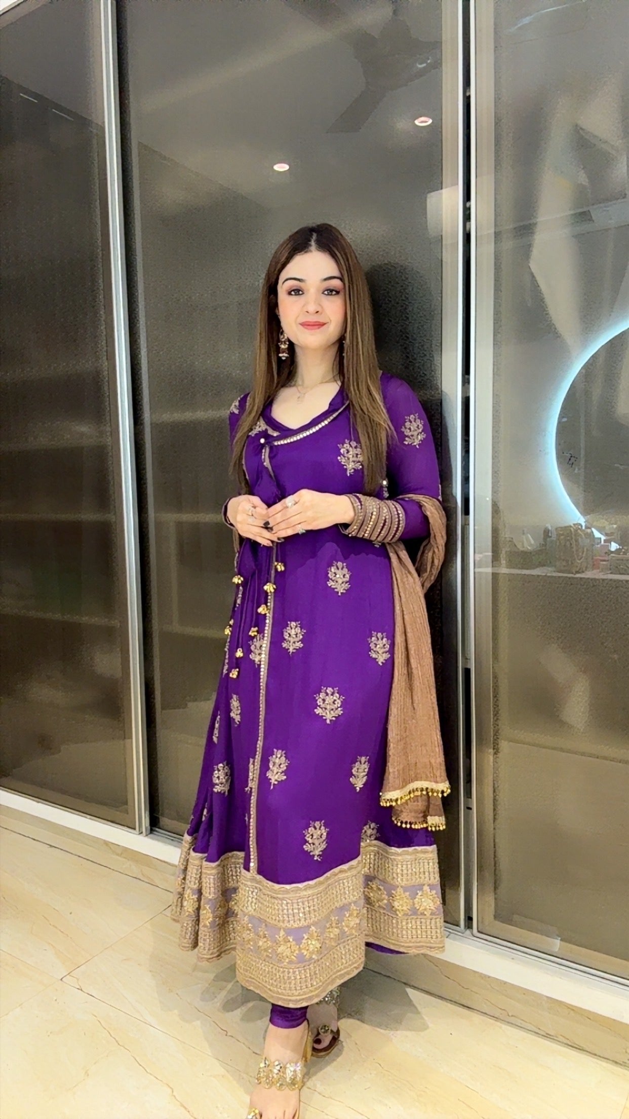 Purple crepe angrakha with lycra payjami and copper tissue dupatta