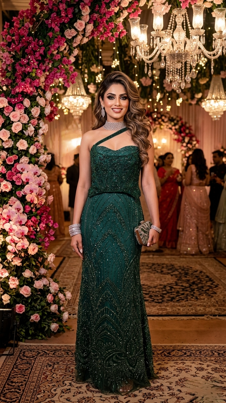 Bottle green Fishcut Lehanga set with hand embroidered corset