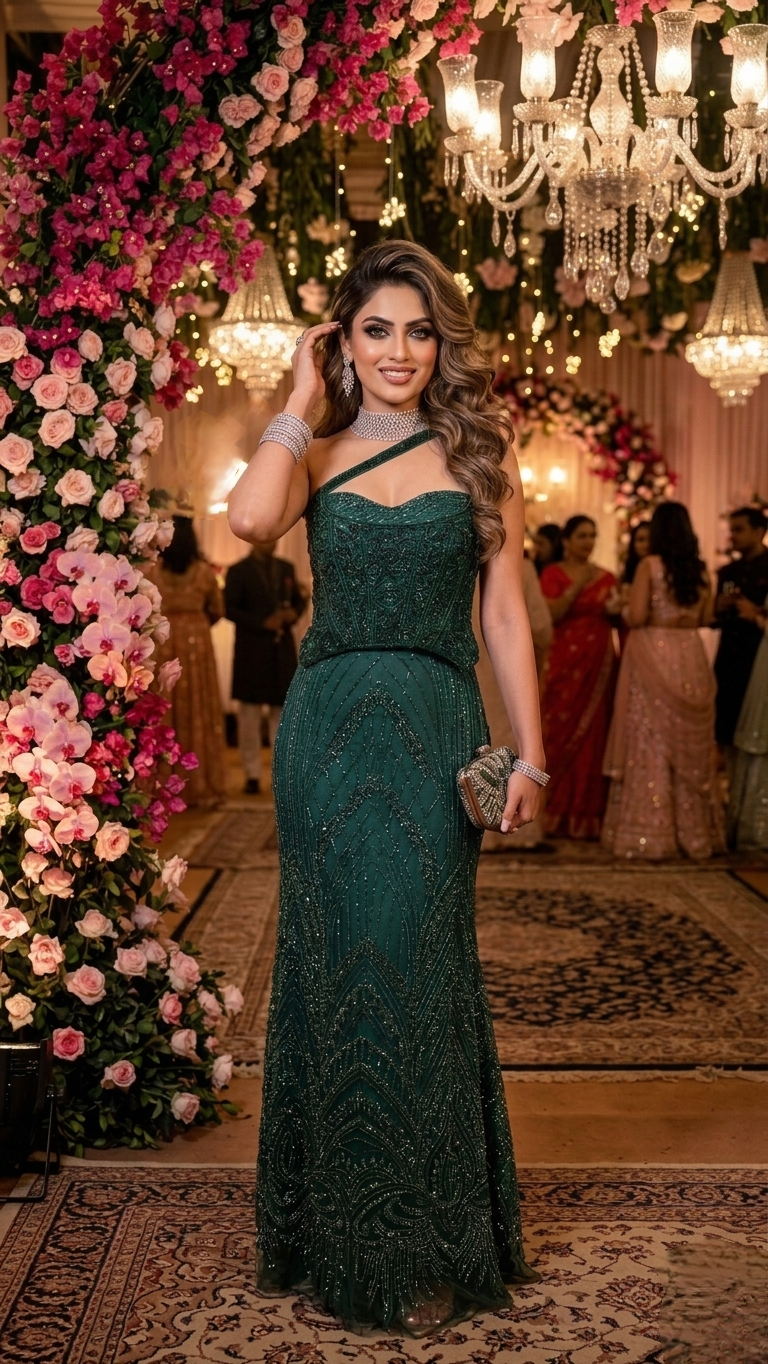 Bottle green Fishcut Lehanga set with hand embroidered corset