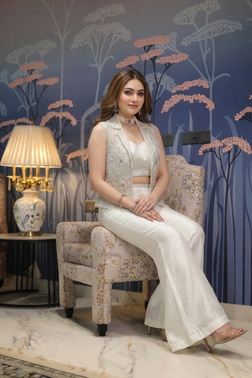 White Jacket embroidered jacket with bustier and flared plazo