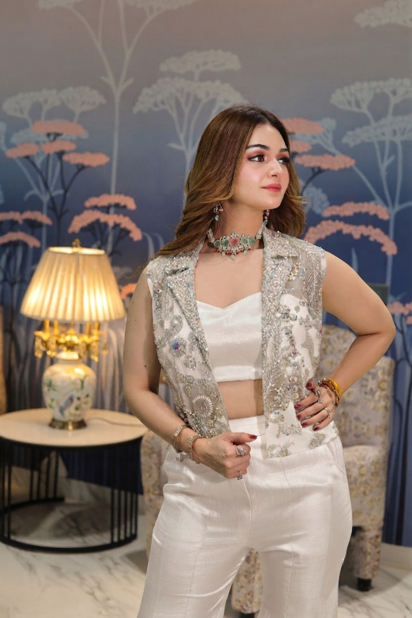 White Jacket embroidered jacket with bustier and flared plazo