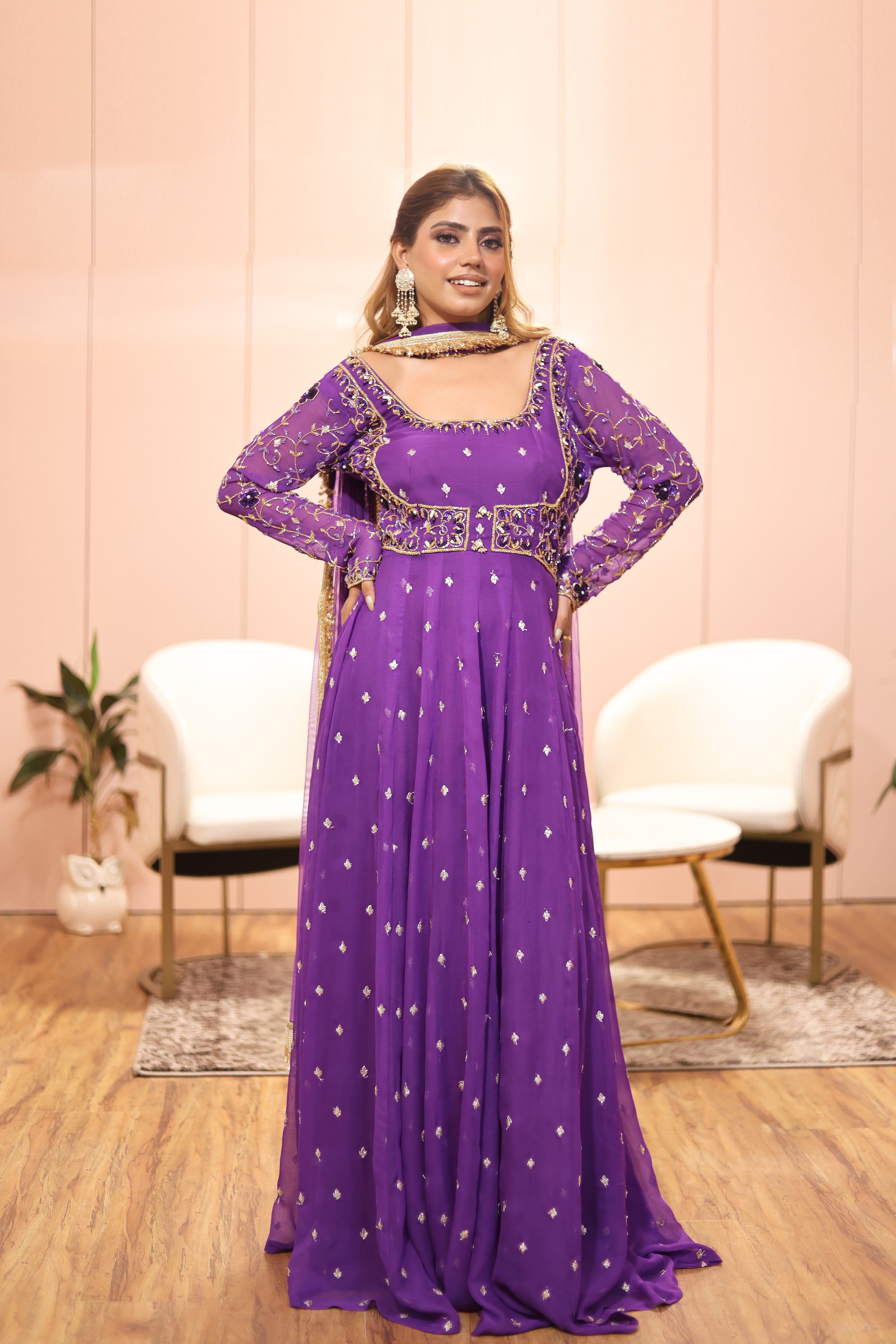 Wine hand embroidered anarkali