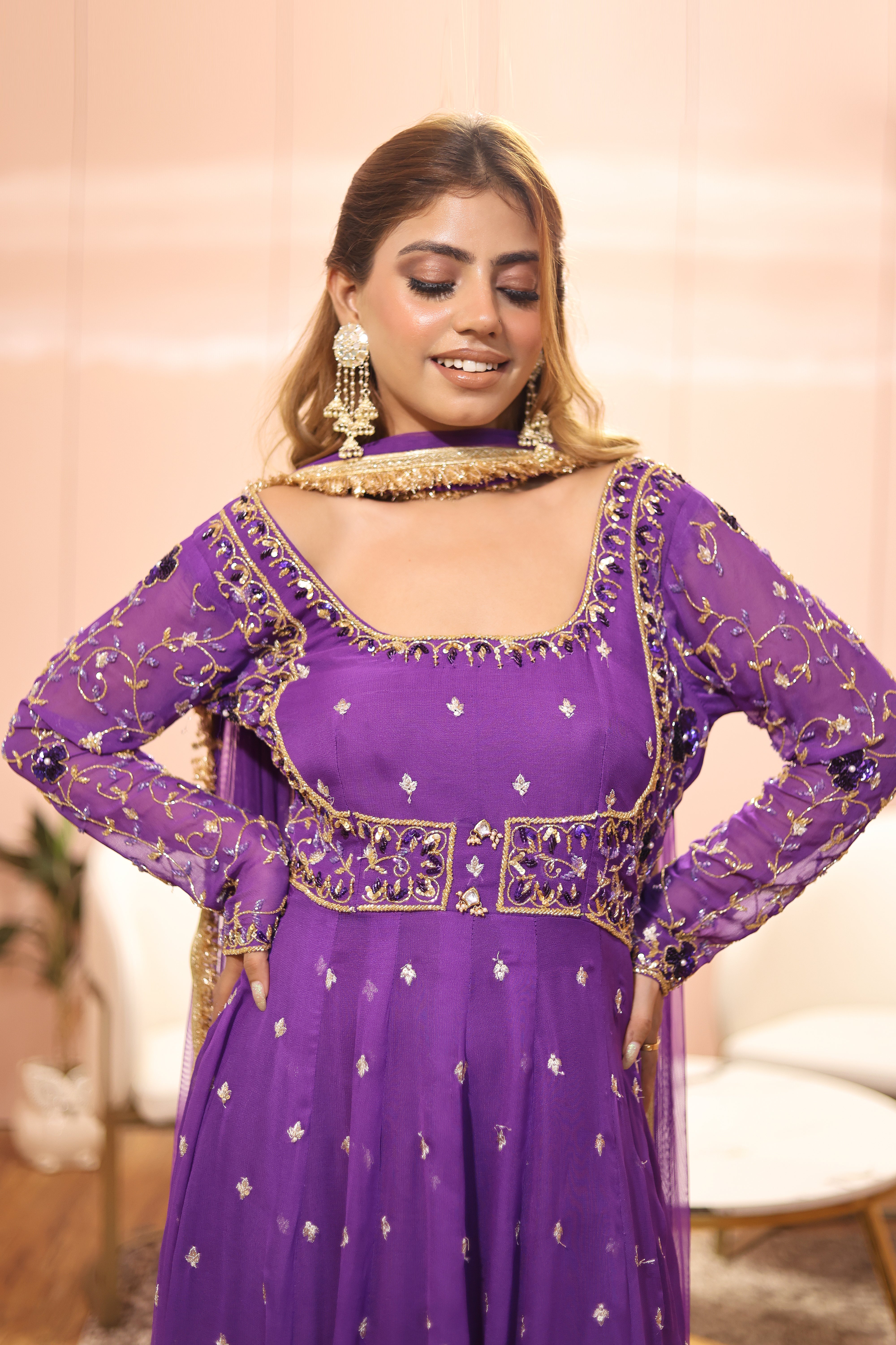 Wine hand embroidered anarkali