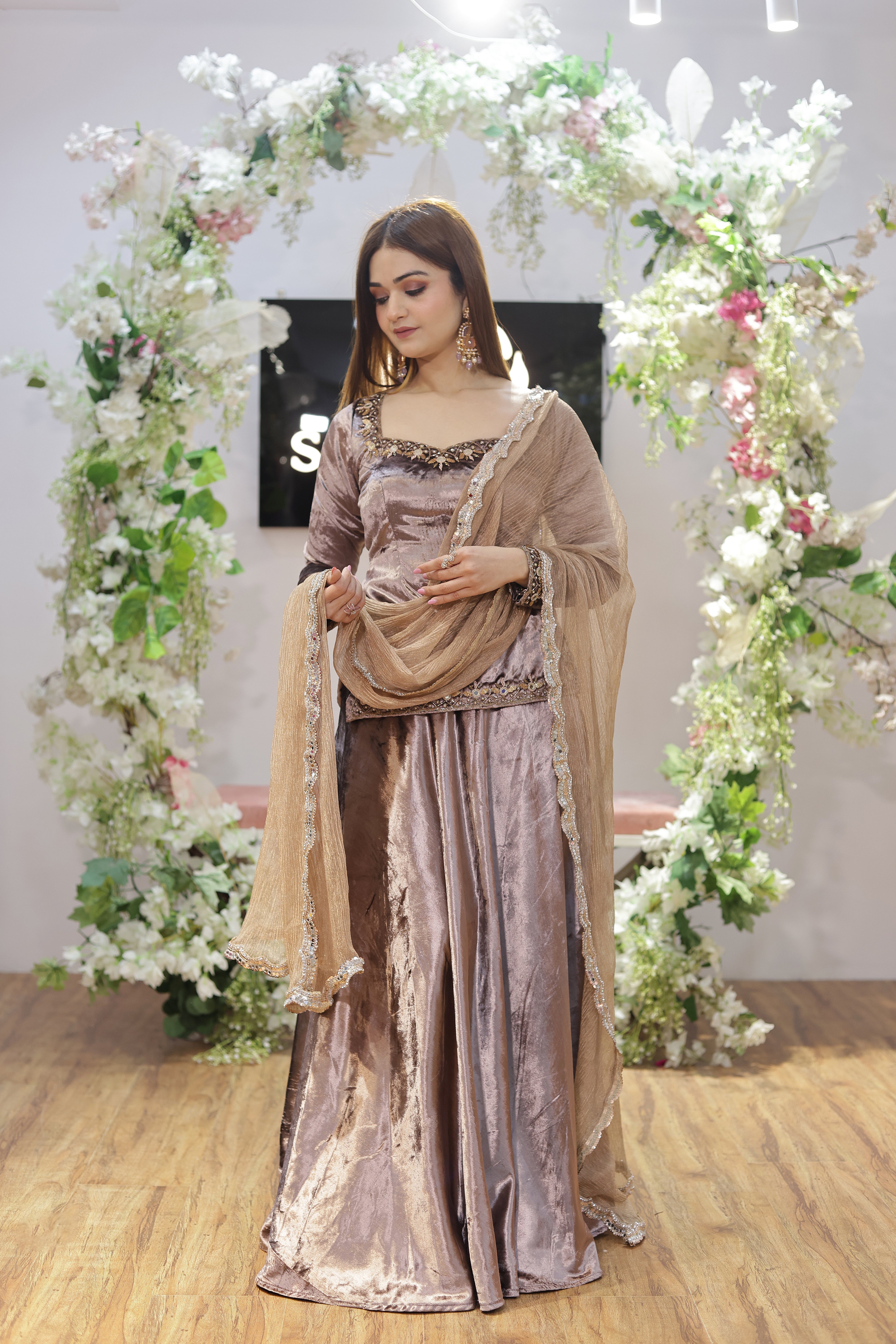 Rust velvet suit and plazo with tissue dupatta