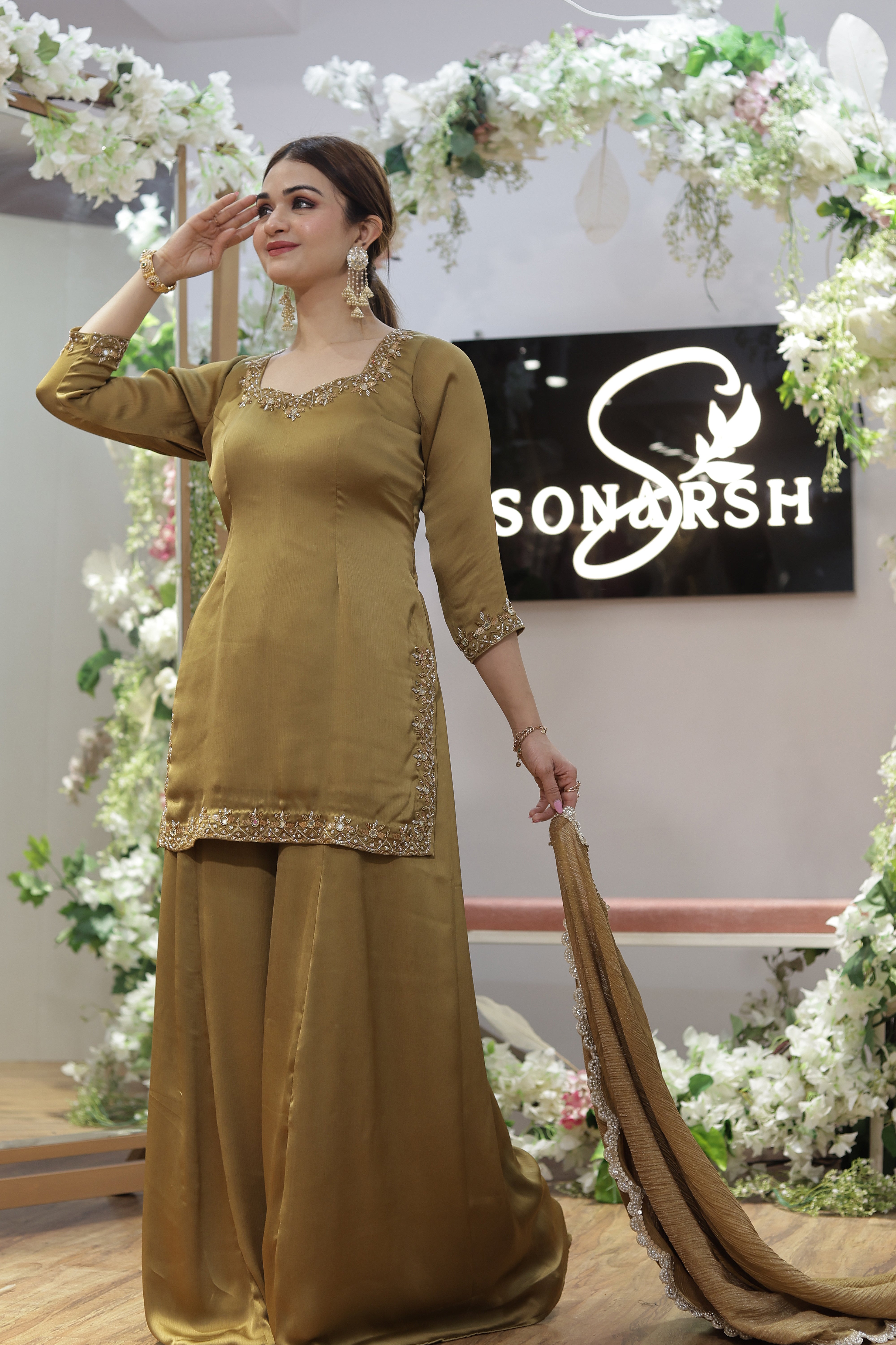 Yellow chinnon set suit