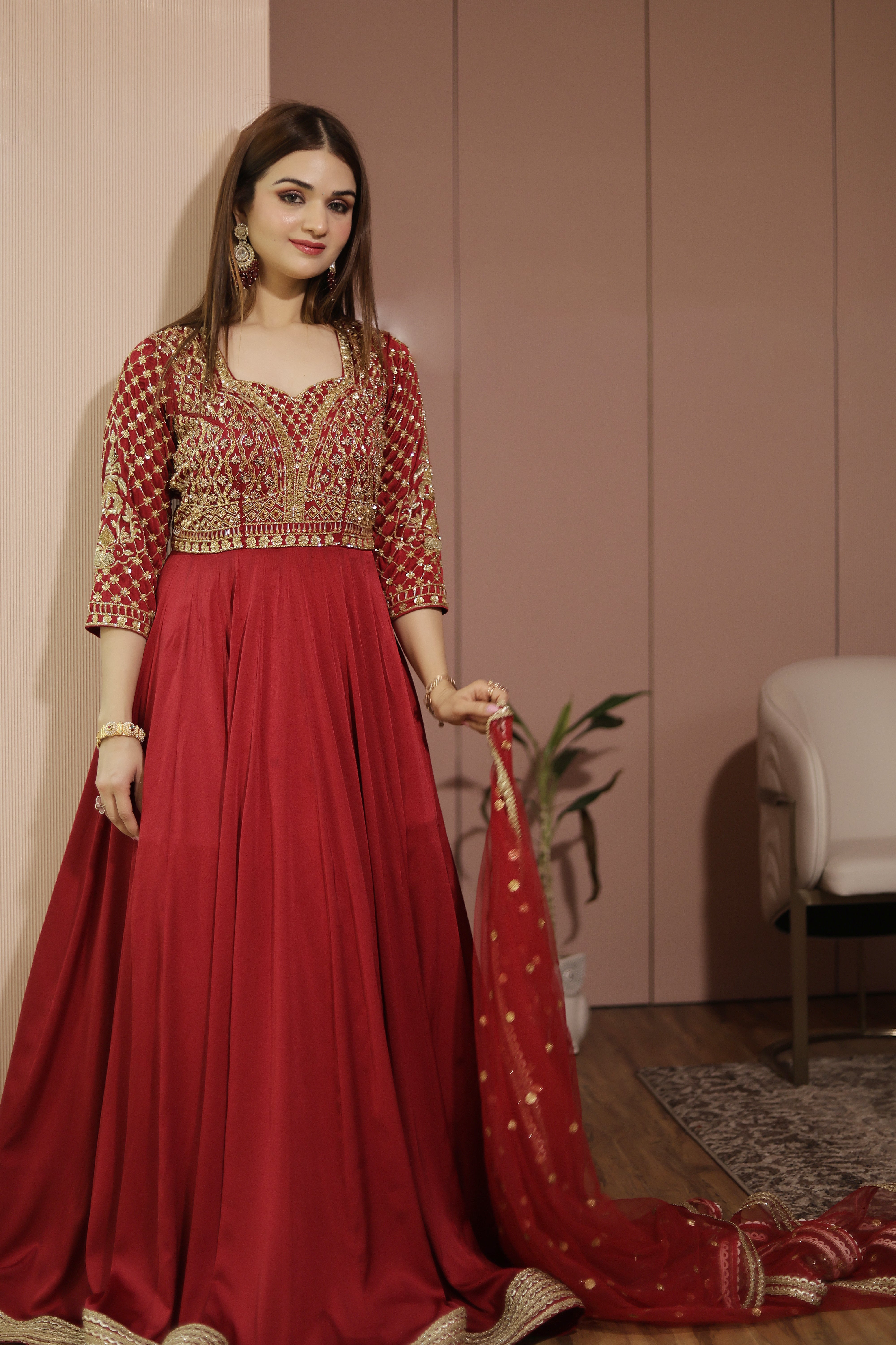 Red full hand embroidery anarkali suit