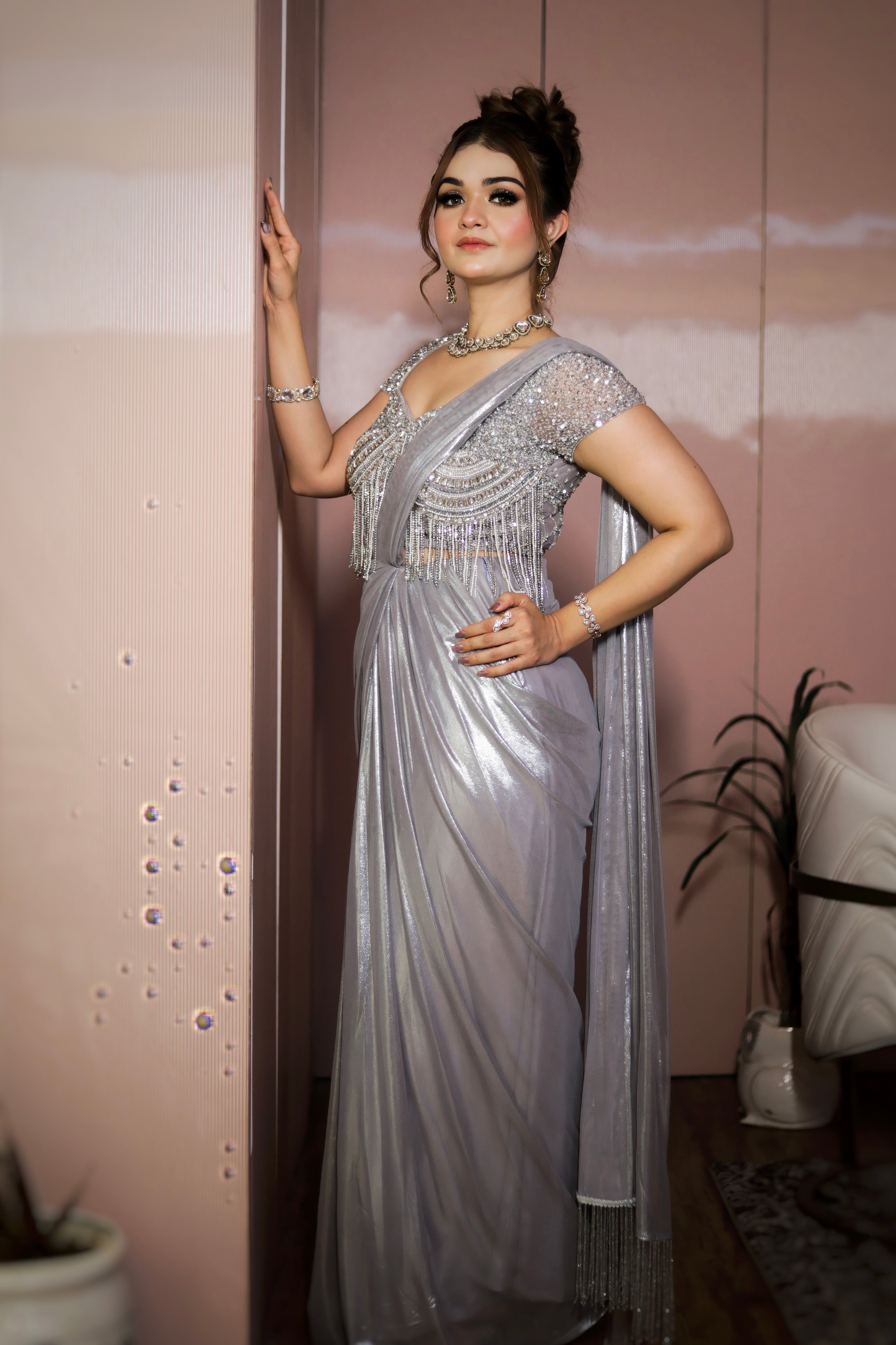 Moonlit Silver Drape Saree