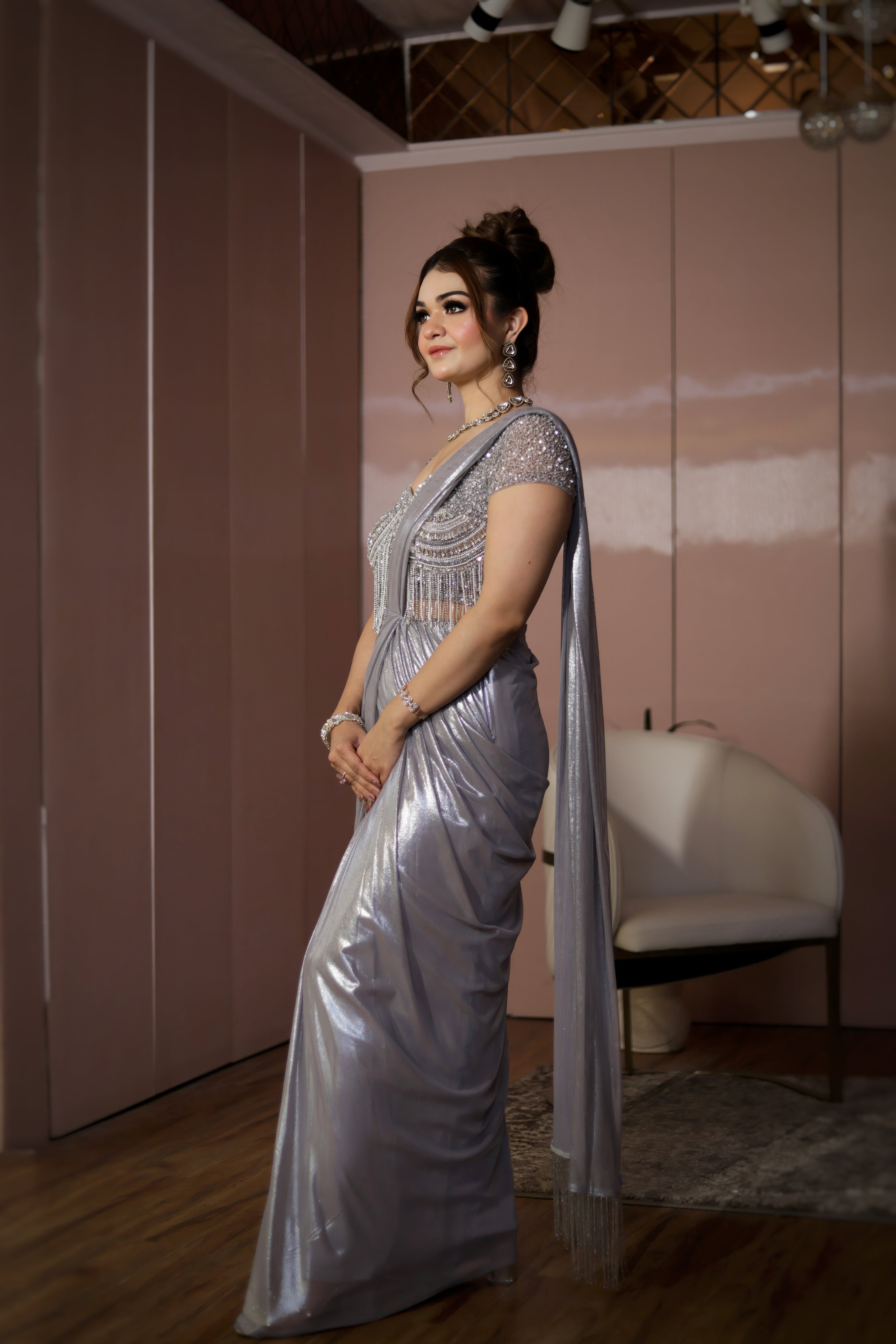 Moonlit Silver Drape Saree