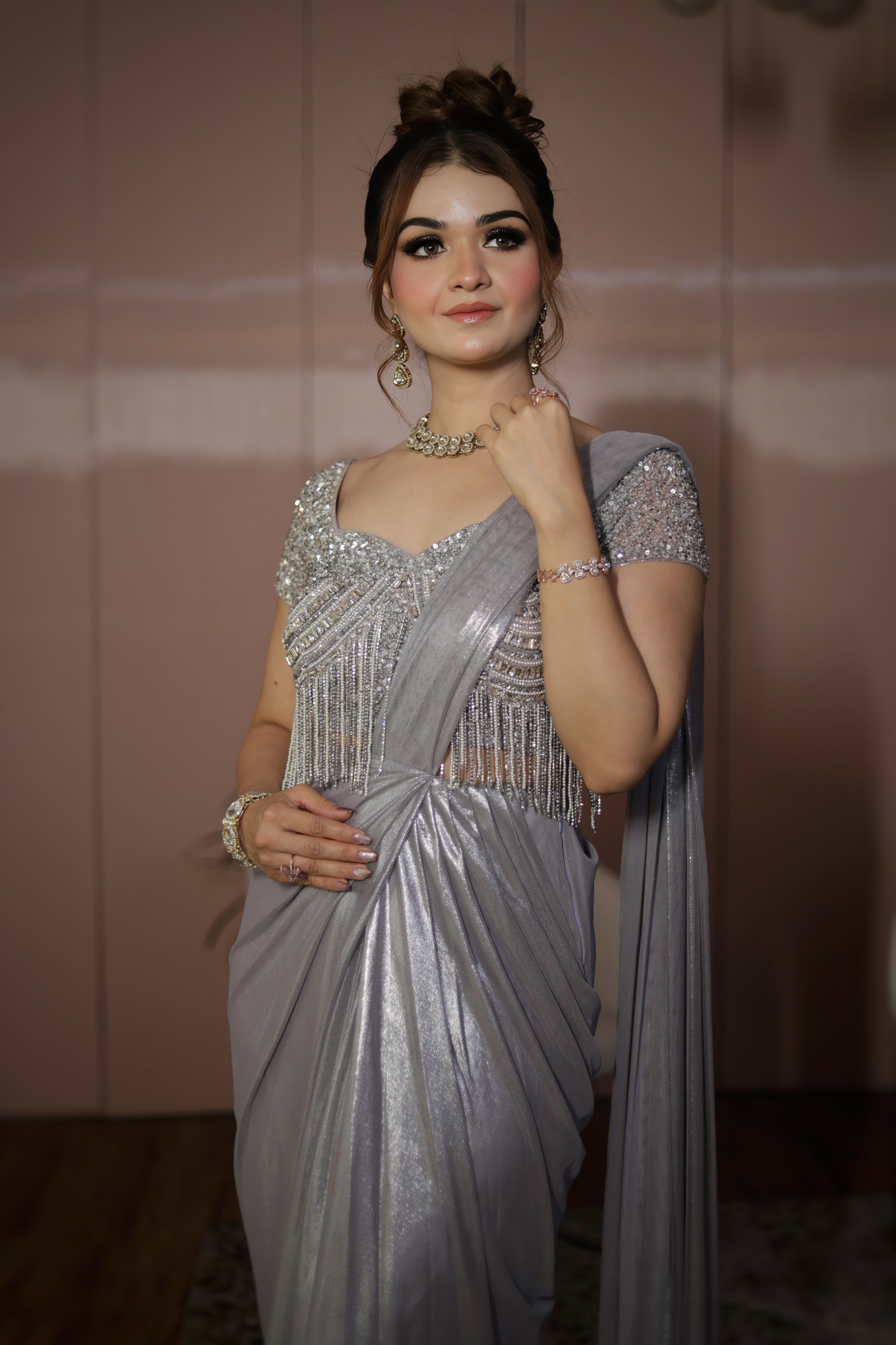 Moonlit Silver Drape Saree