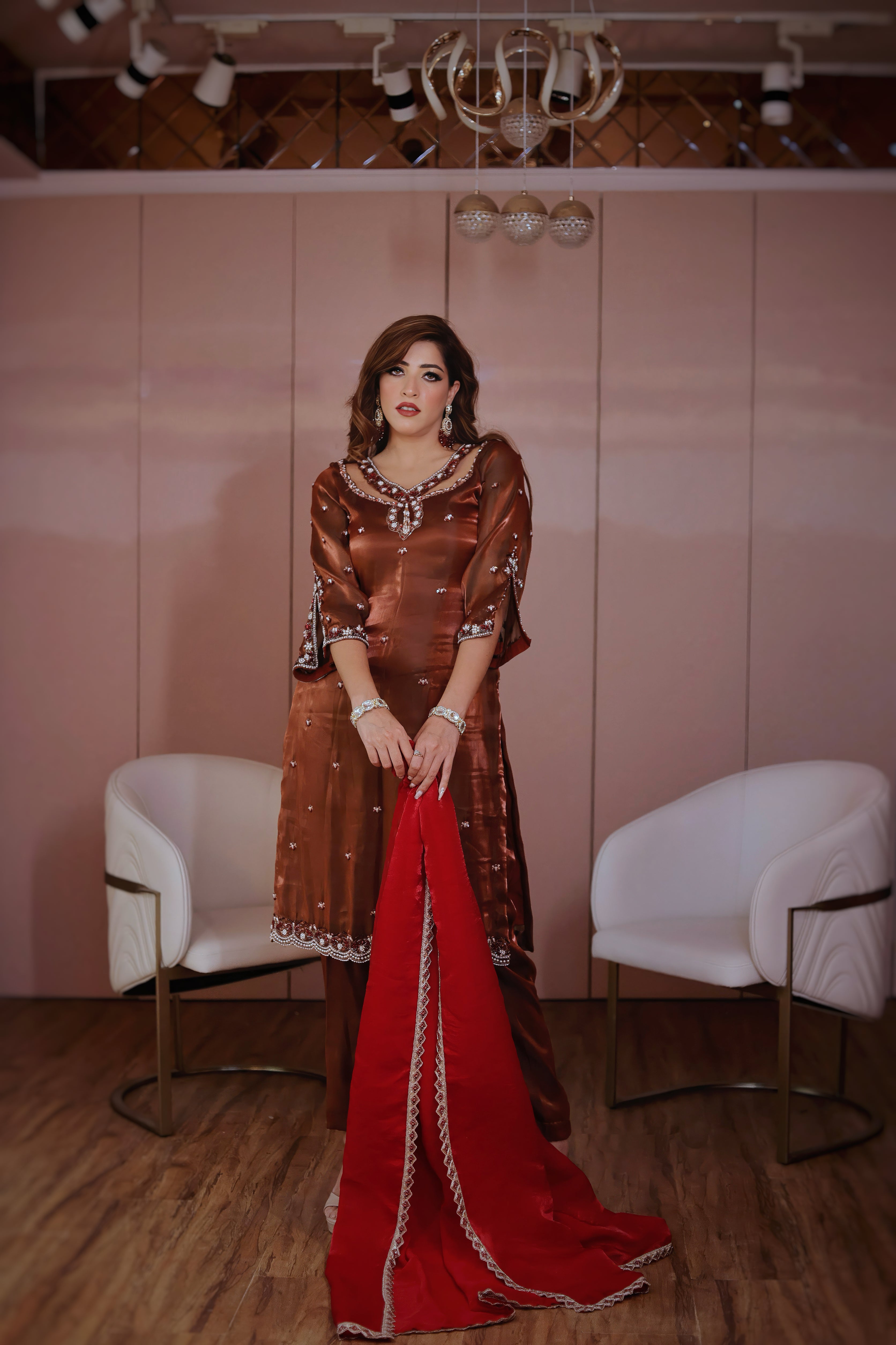 Rust Embroidered Straight Suit