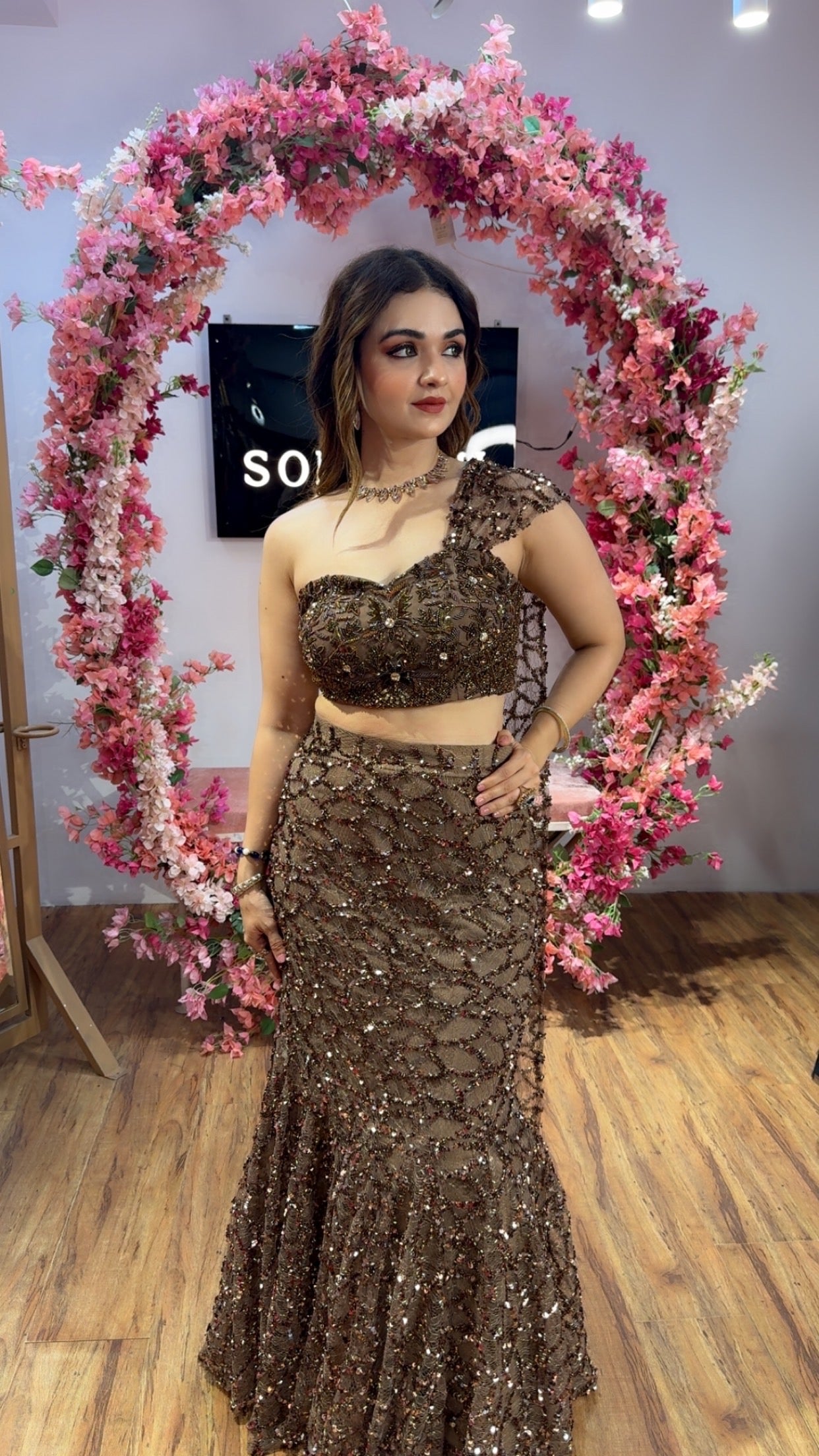 Copper Fishcut Lehanga set with embroidered blouse