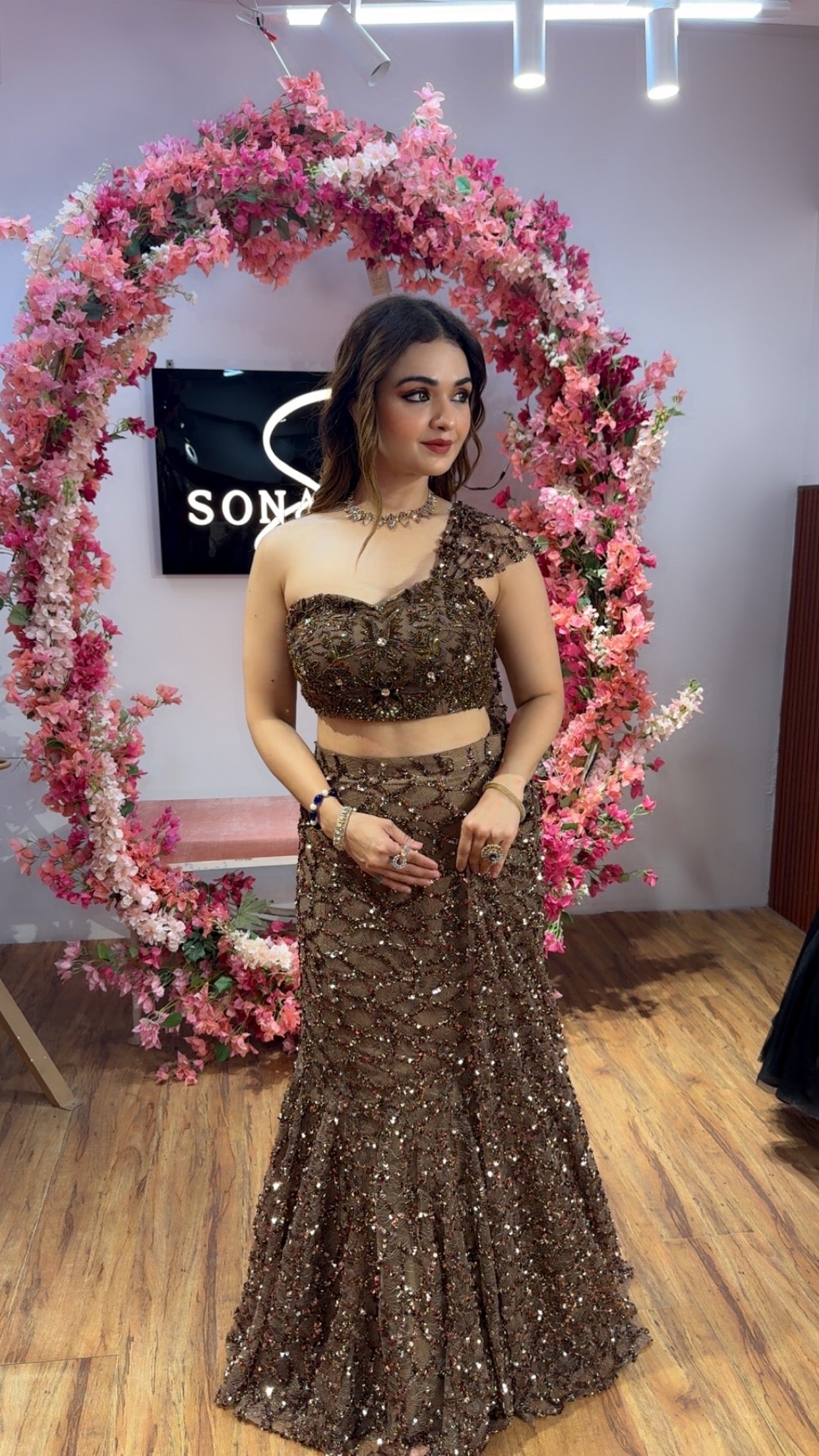 Copper Fishcut Lehanga set with embroidered blouse