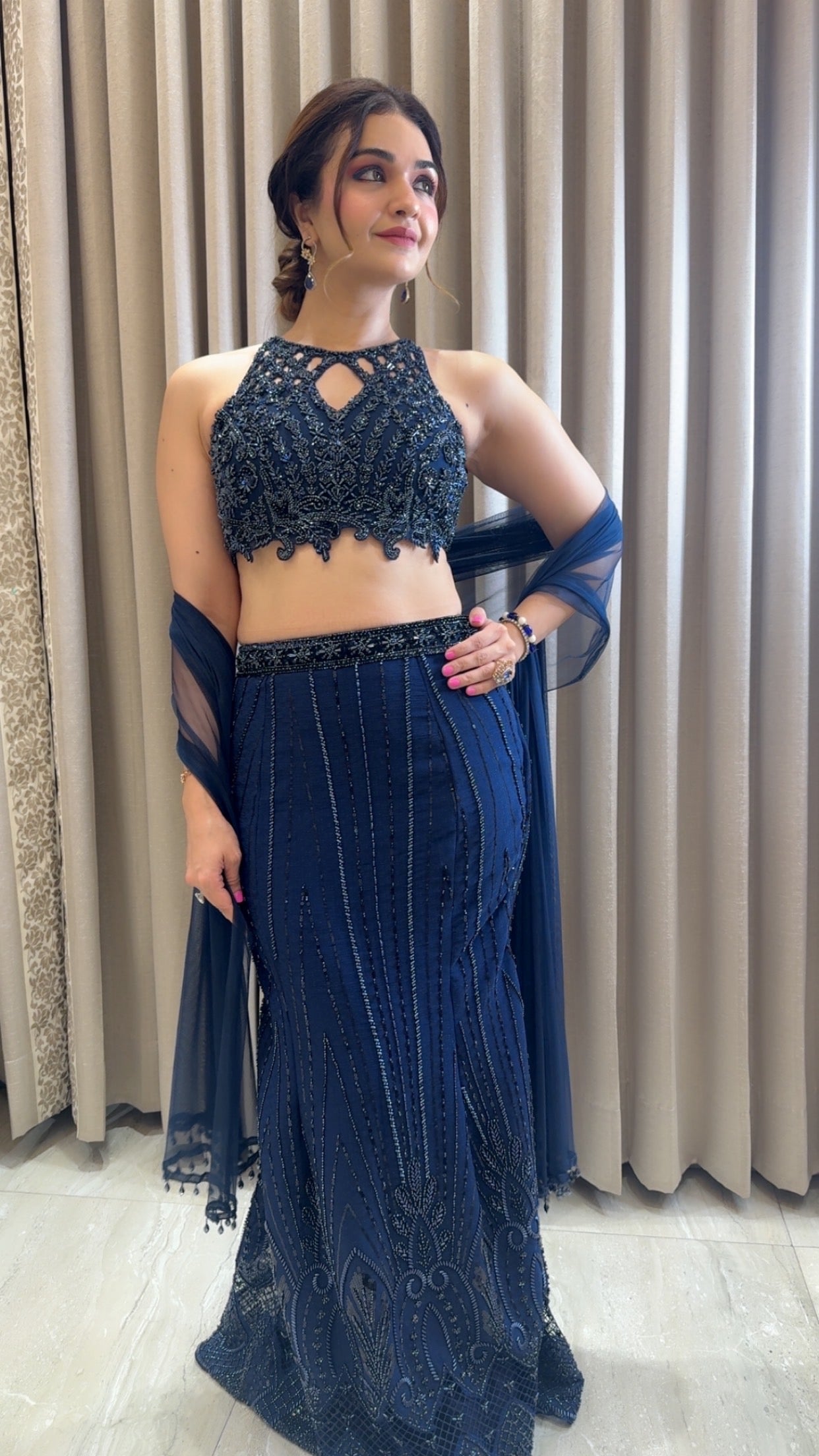 Midnight Blue Embellished Mermaid Lehenga Set with  embroidered cutwork blouse