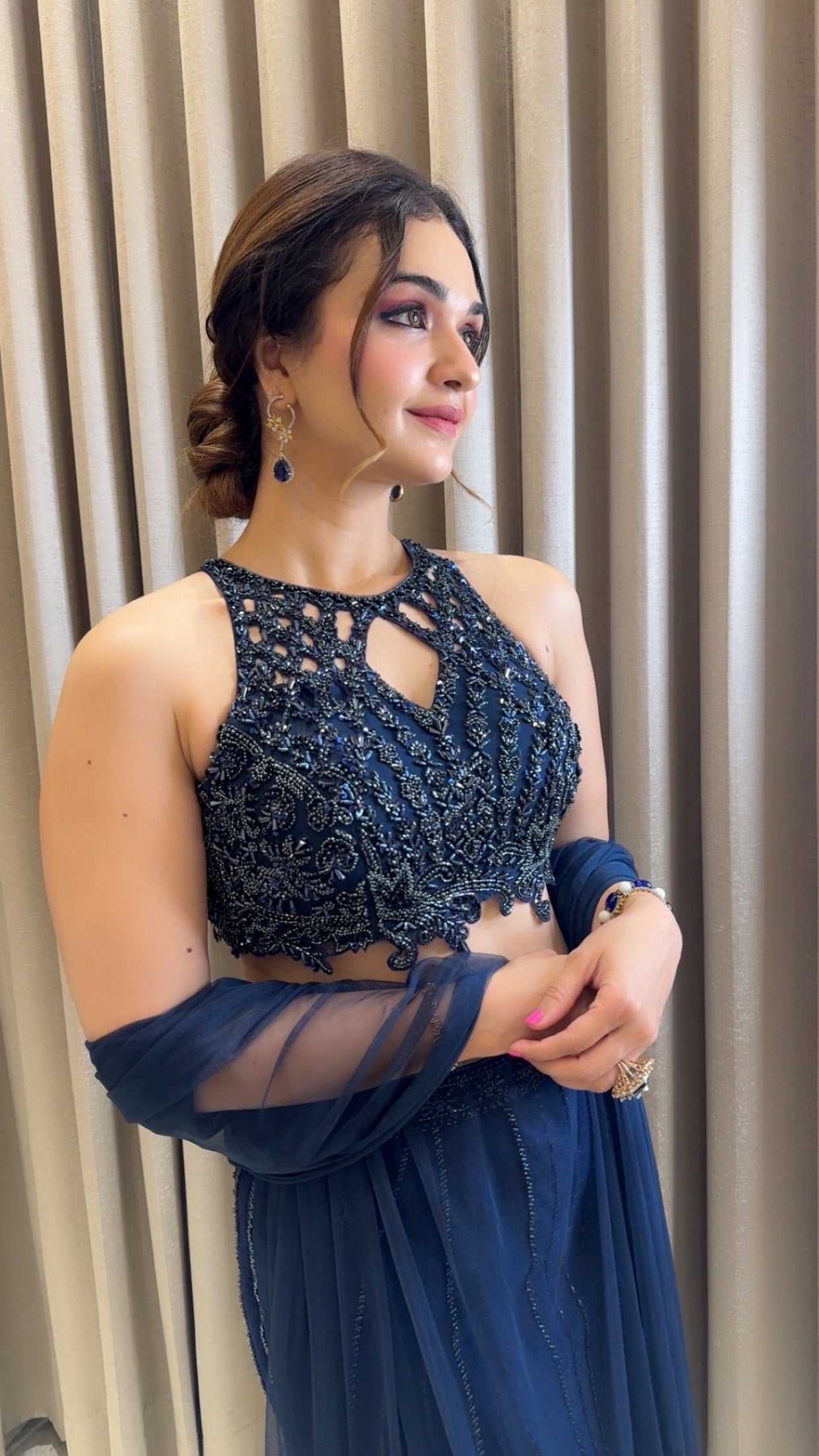 Midnight Blue Embellished Mermaid Lehenga Set with  embroidered cutwork blouse