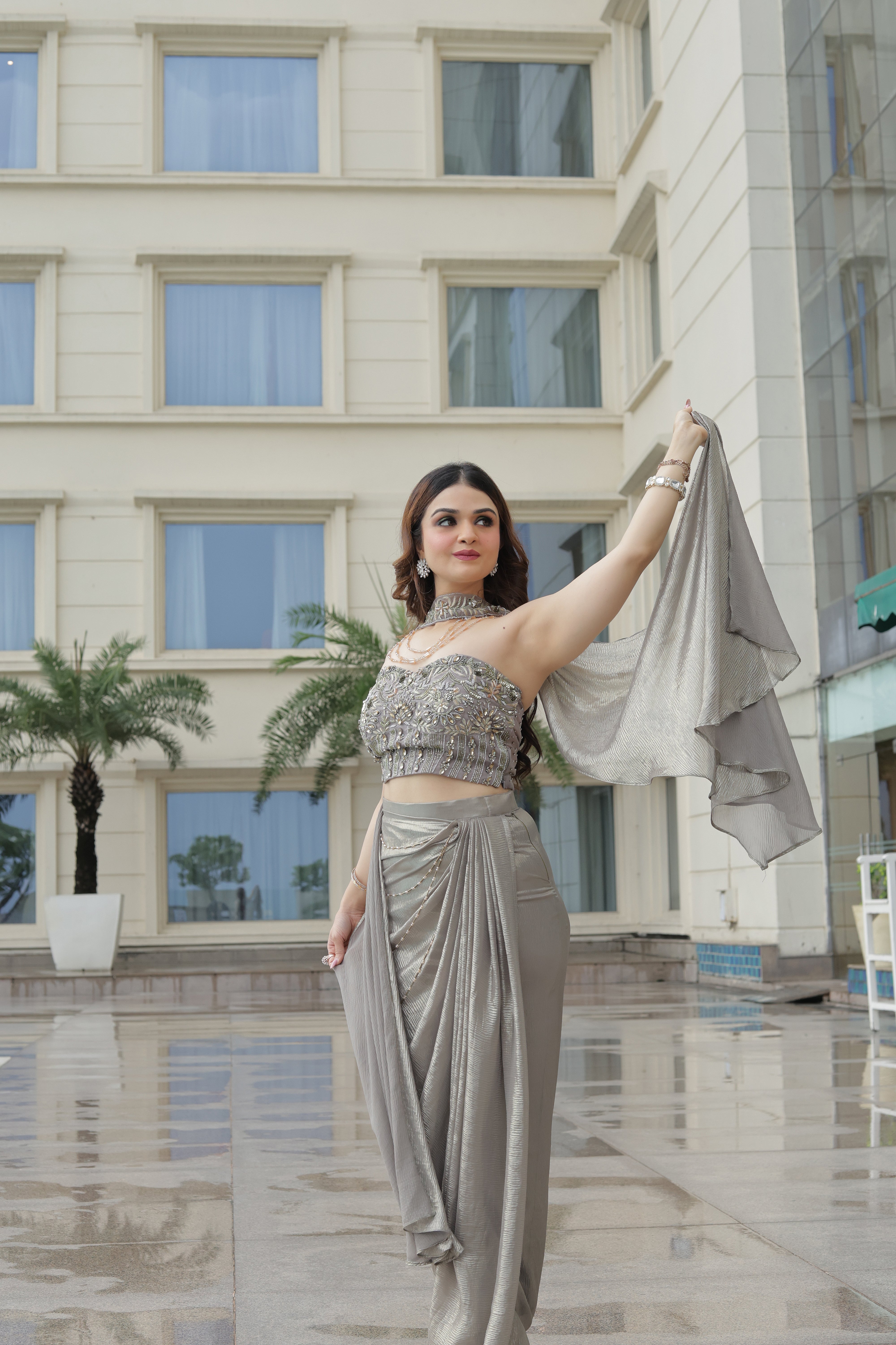 Silver Drape skirt with stone embroidered blouse