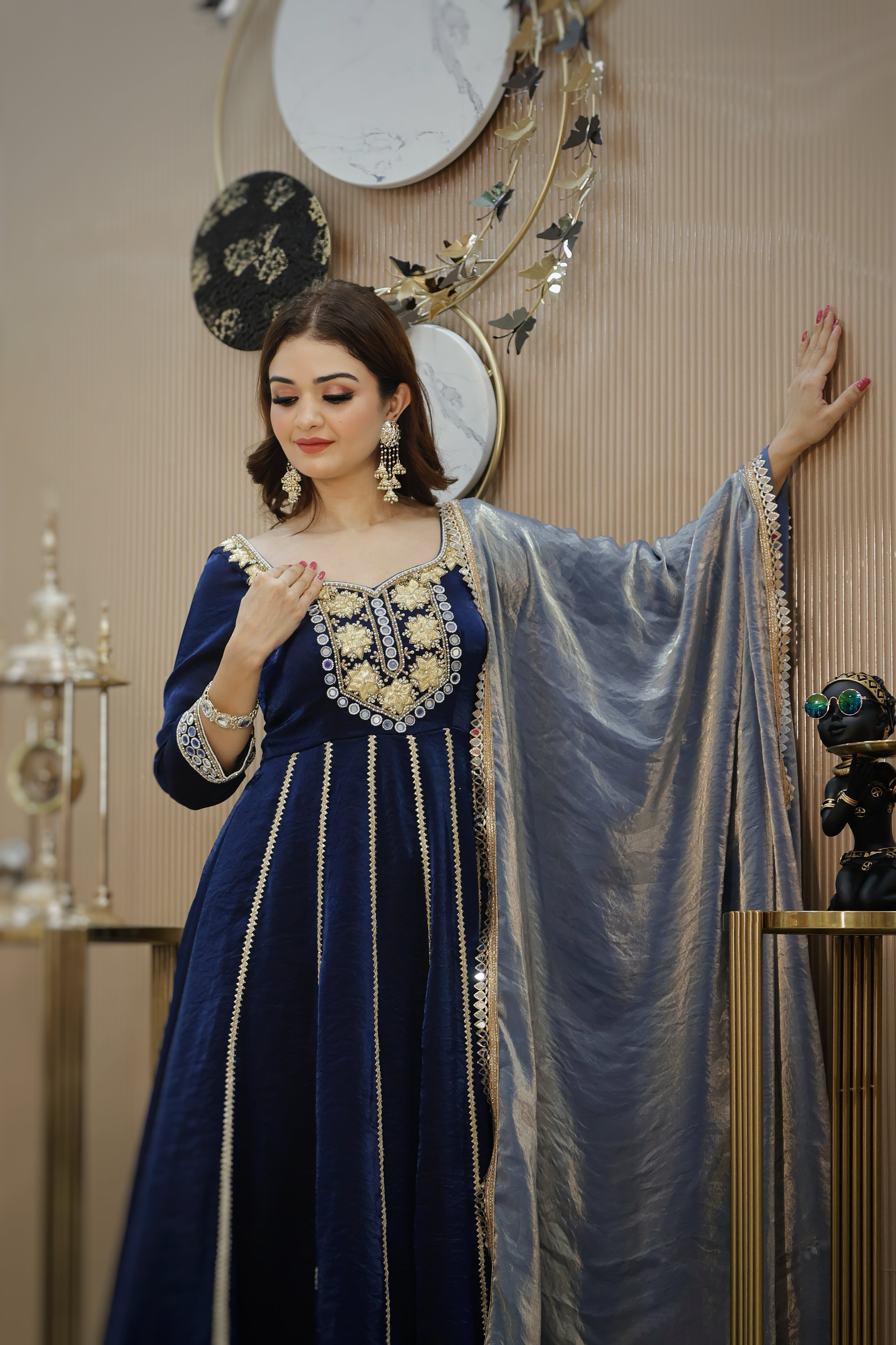 Blue shimmer organza anarkali suit