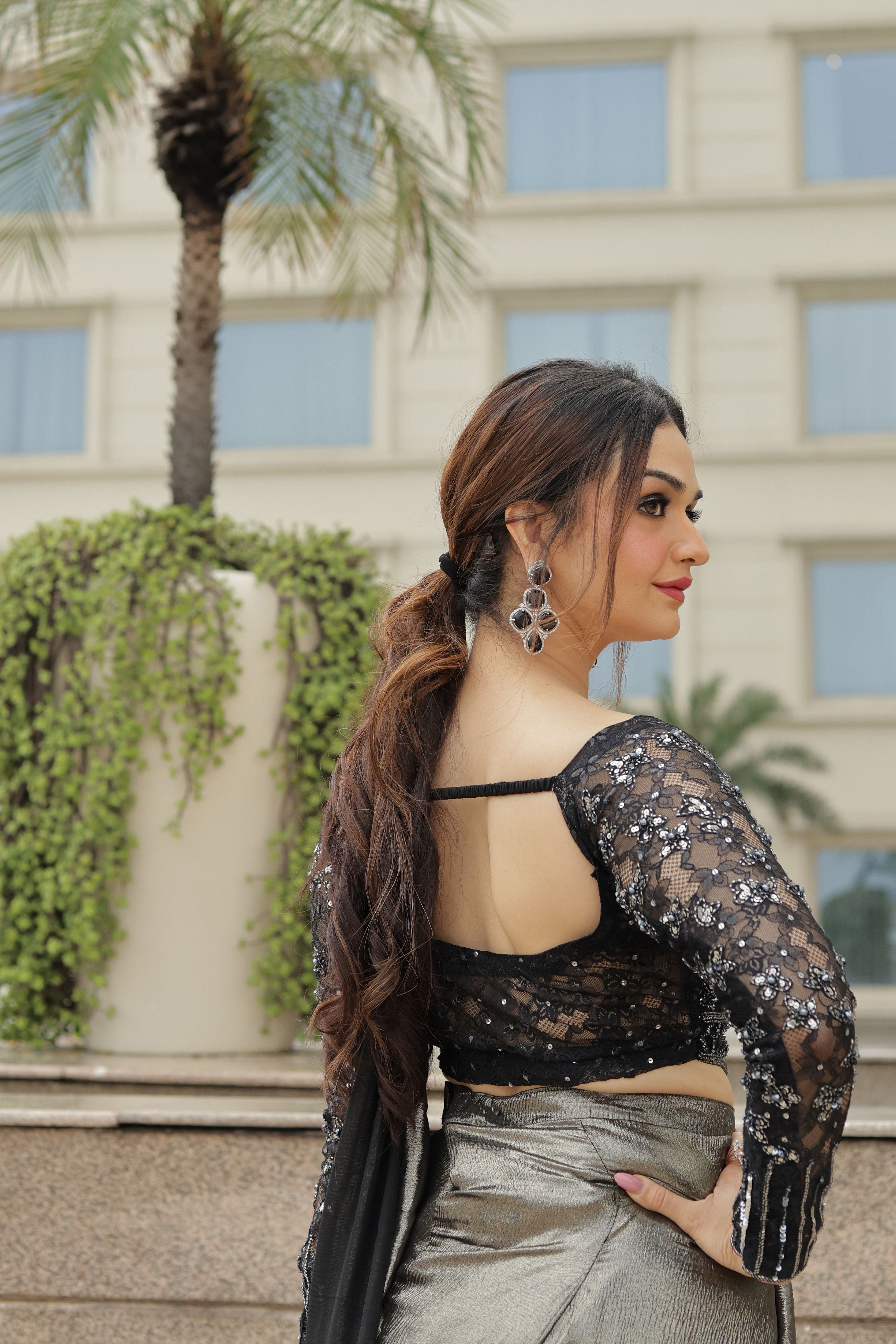 Black corset blouse with silver Drape saree