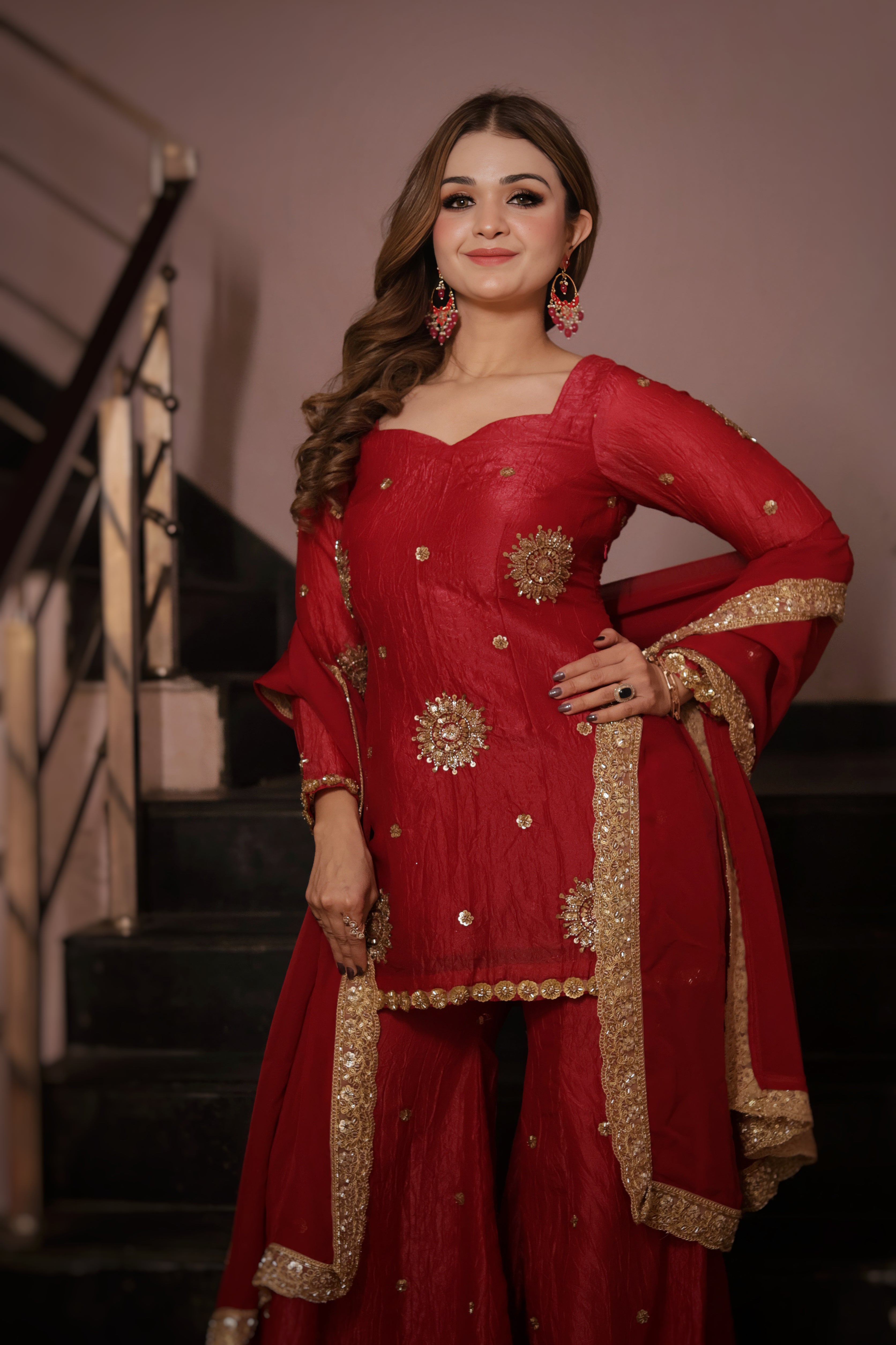 Pink sharara suit with pure organza dupatta