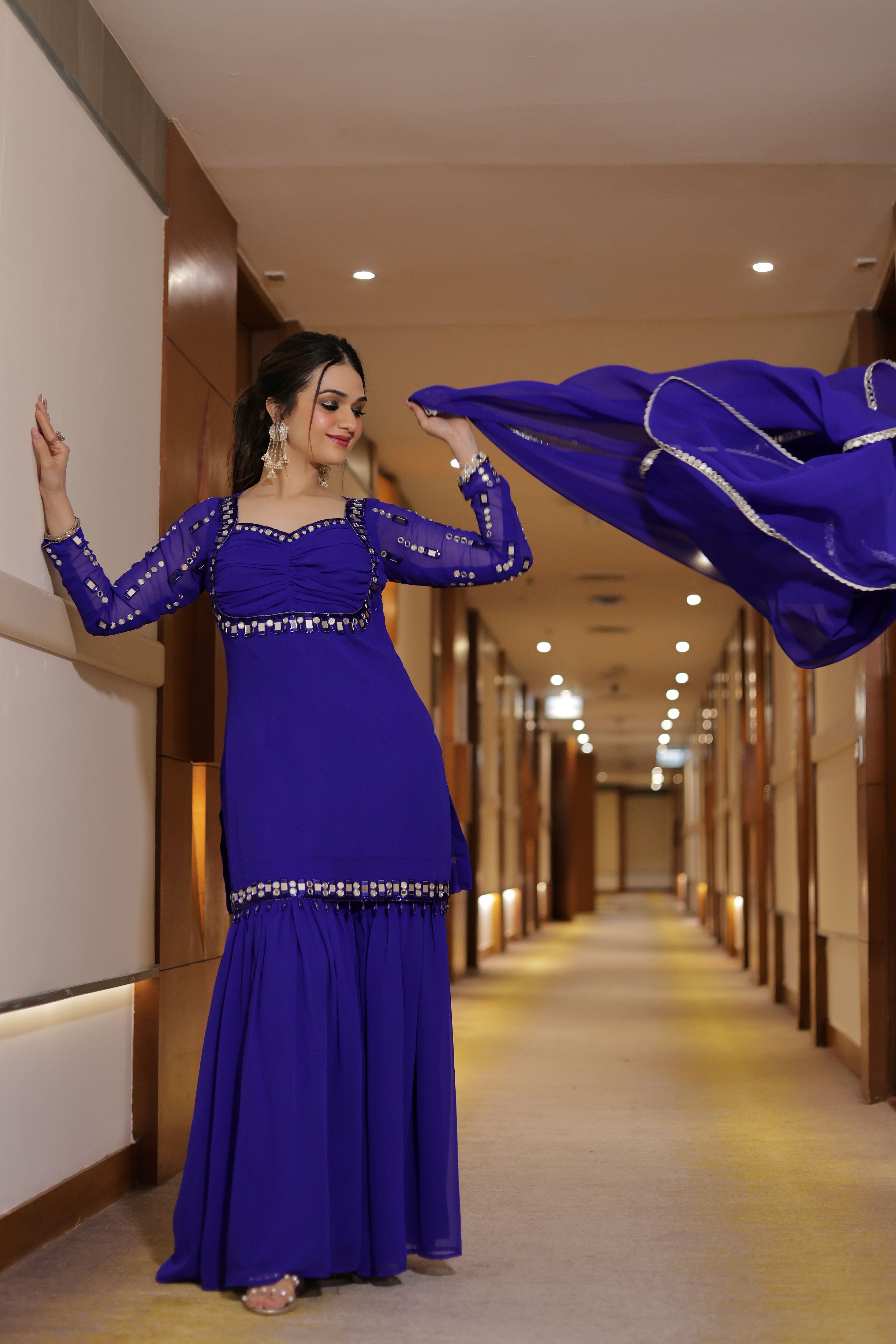 Blue mirror work georgette sharara set