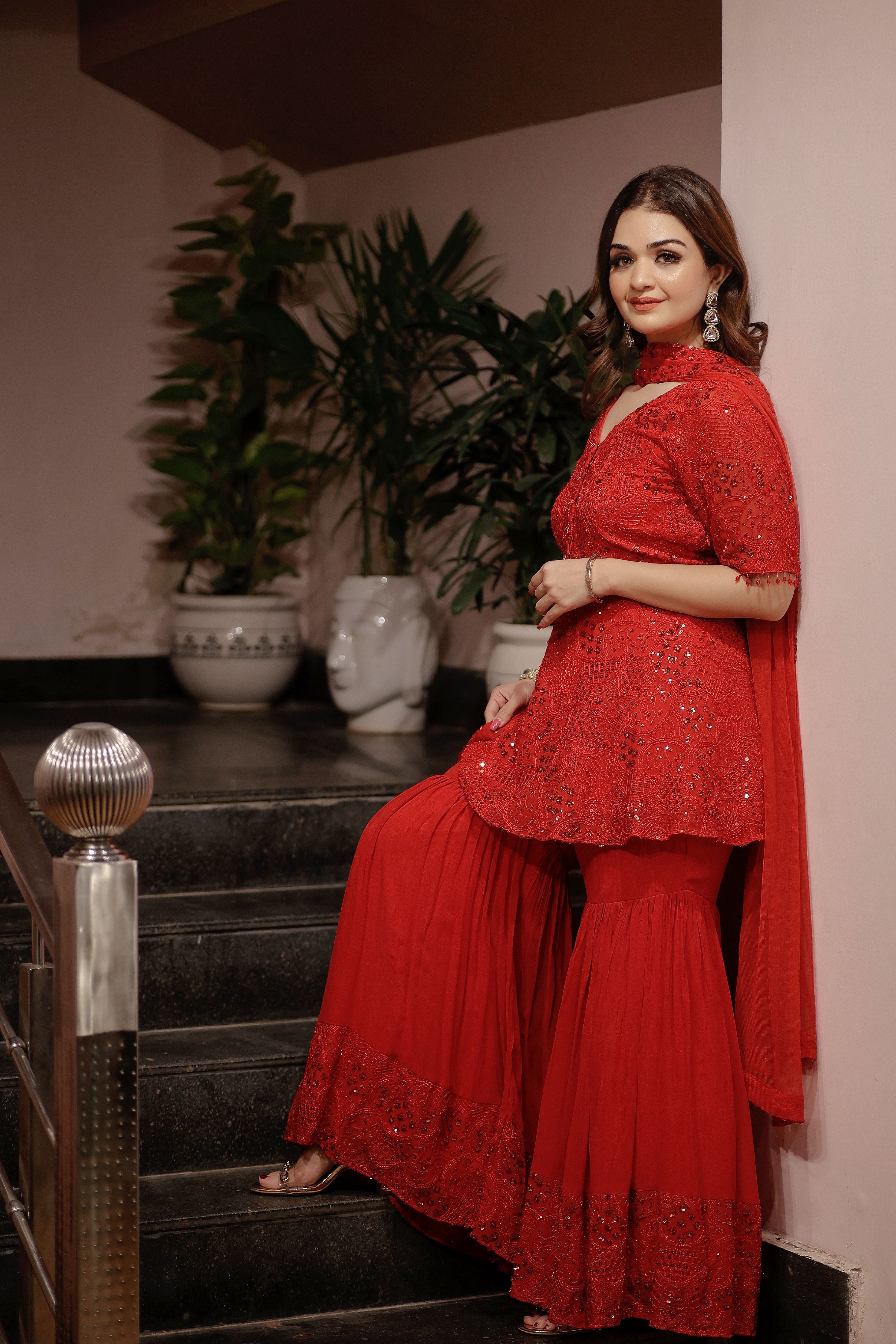 Red sequence work shirt with sharara set