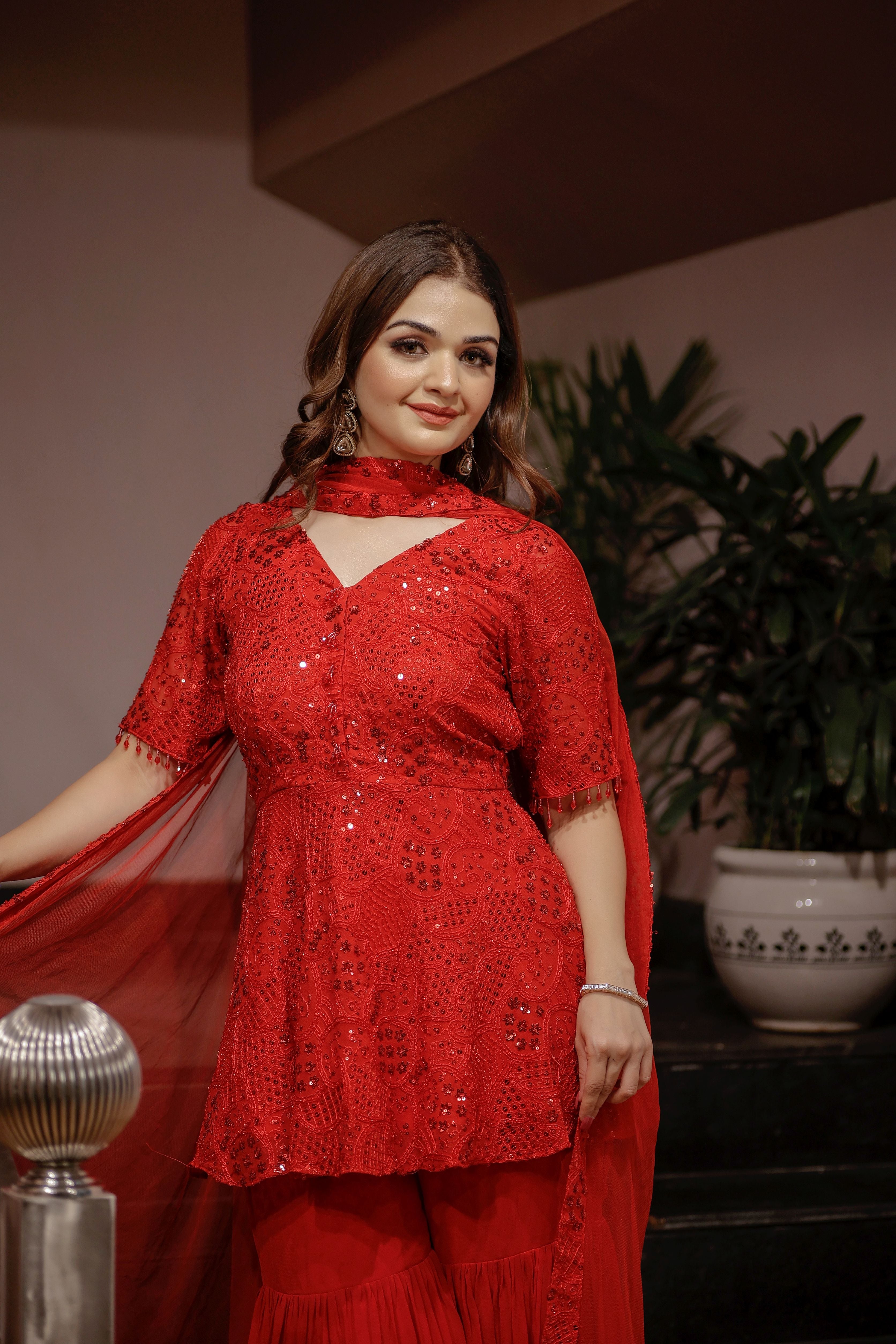 Red sequence work shirt with sharara set