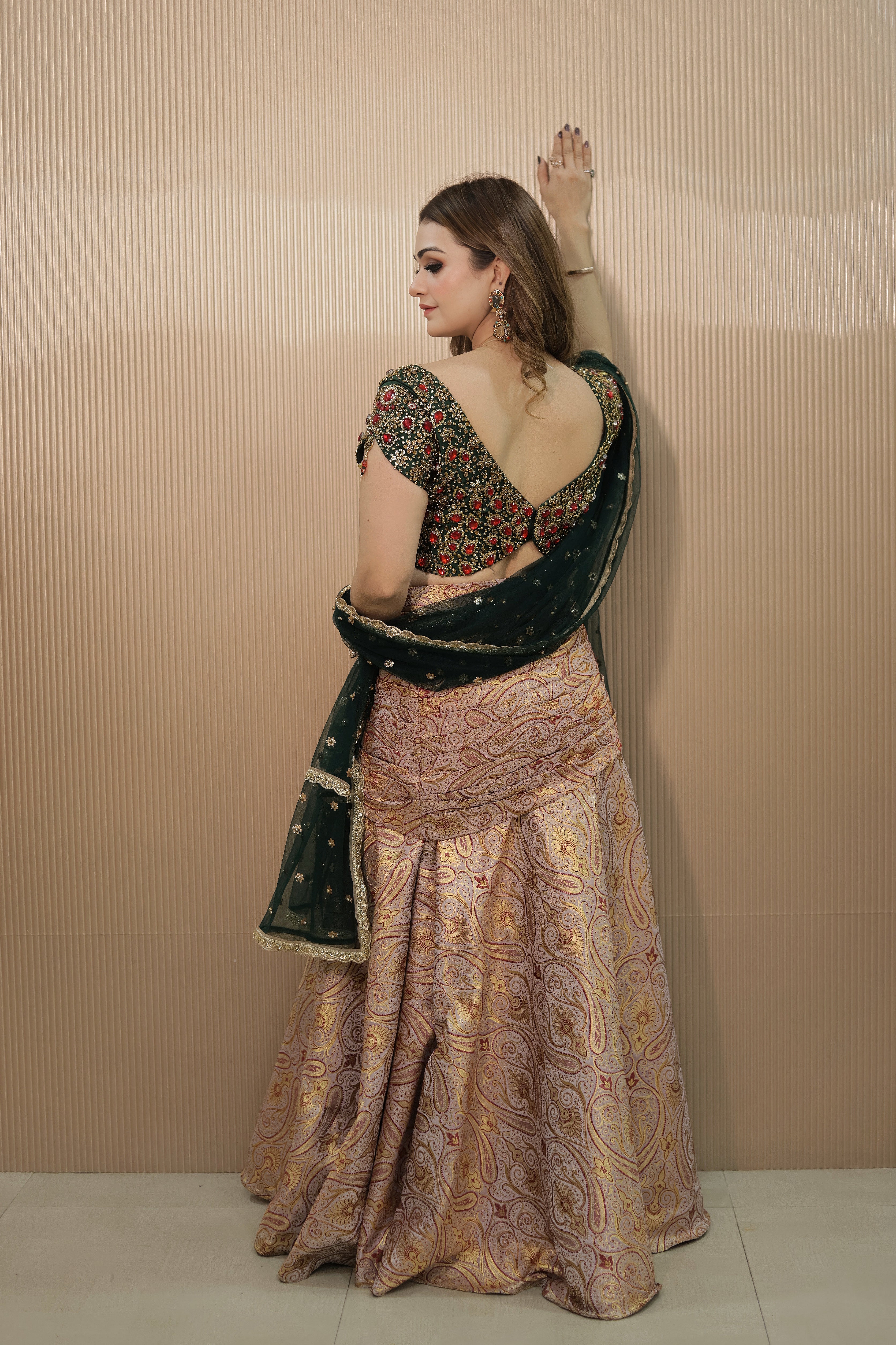 Kundan and stone work Blouse with Banarasi drape skirt and net dupatta